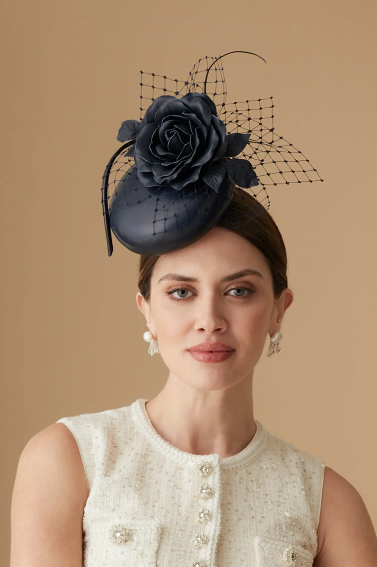 Rose Bud Navy Leather Percher Hat