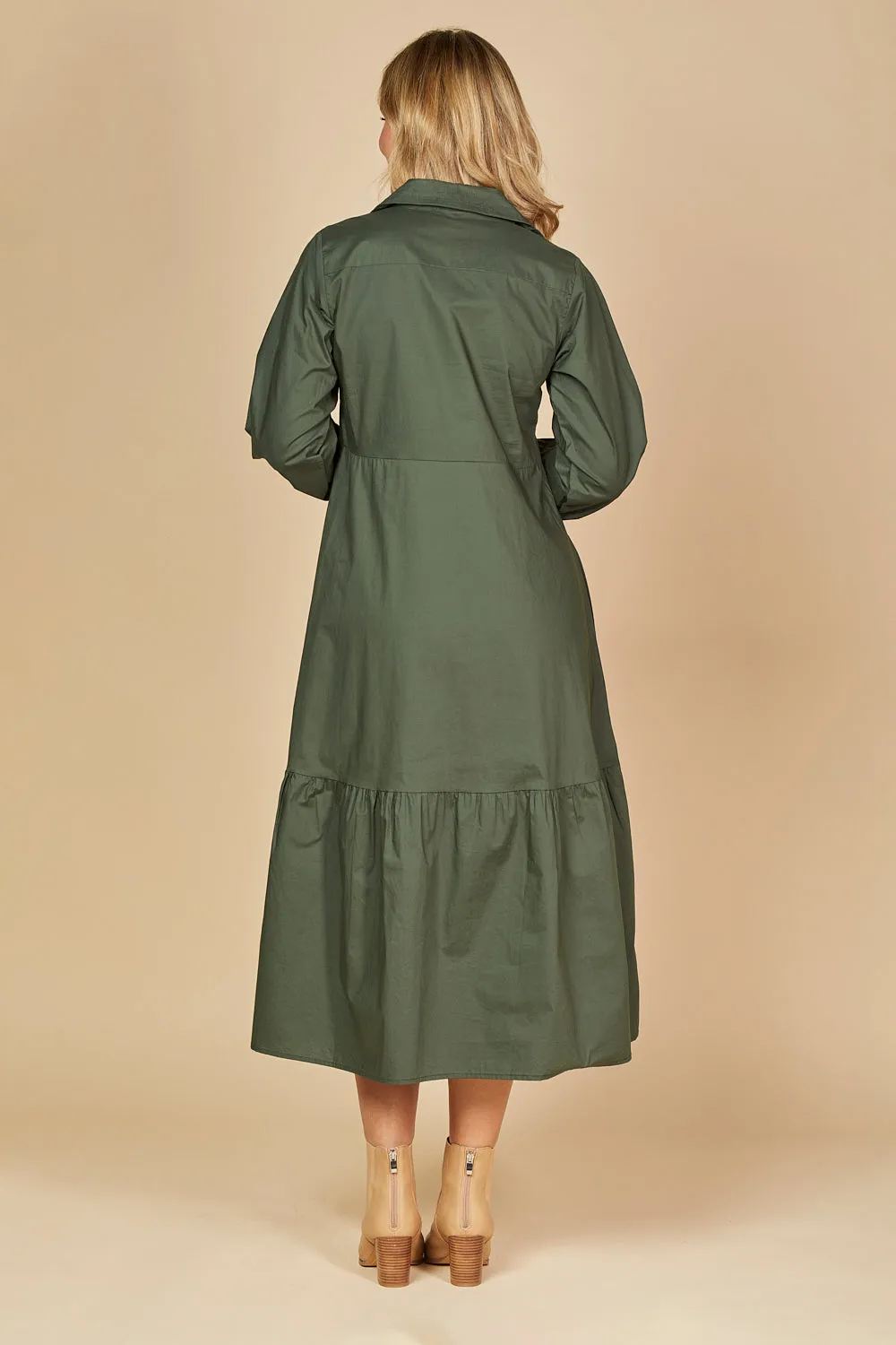 Sabre V-Neck Poplin Dress in Bottle Green