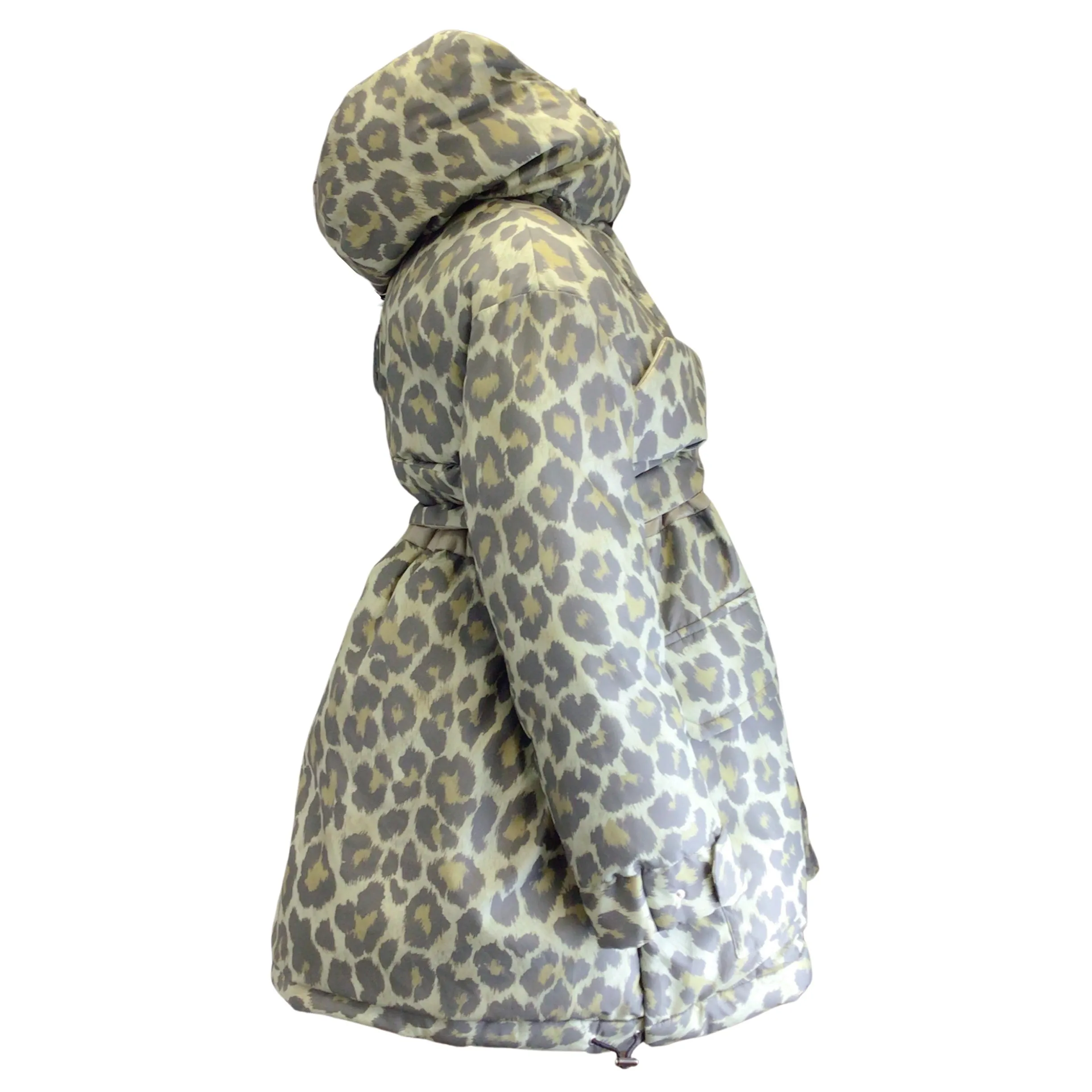 Sacai Green Leopard Printed Hooded Puffer Coat