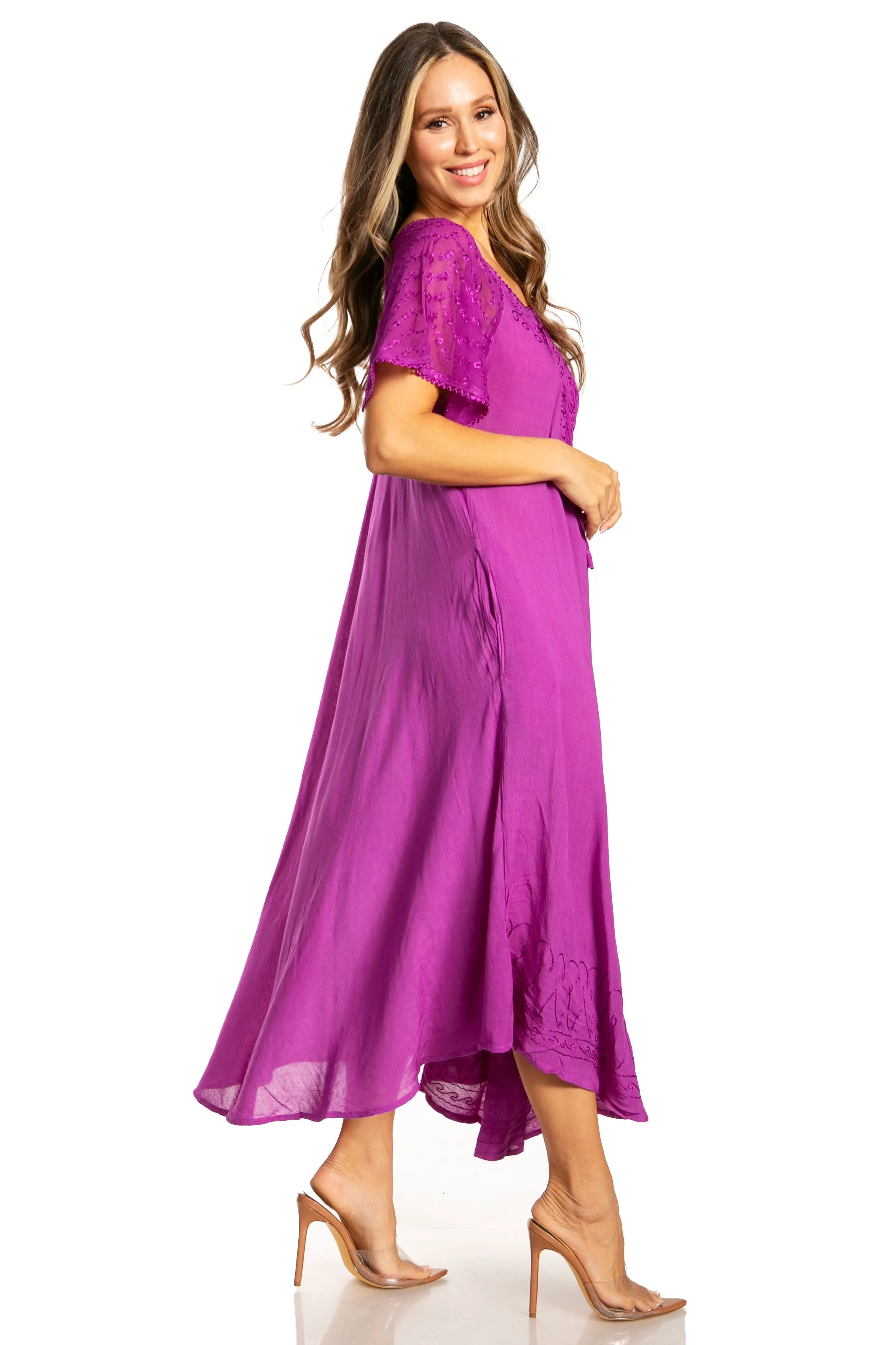 Sakkas Egan Women's Long Embroidered Caftan Dress / Cover Up With Embroidered Cap Sleeves