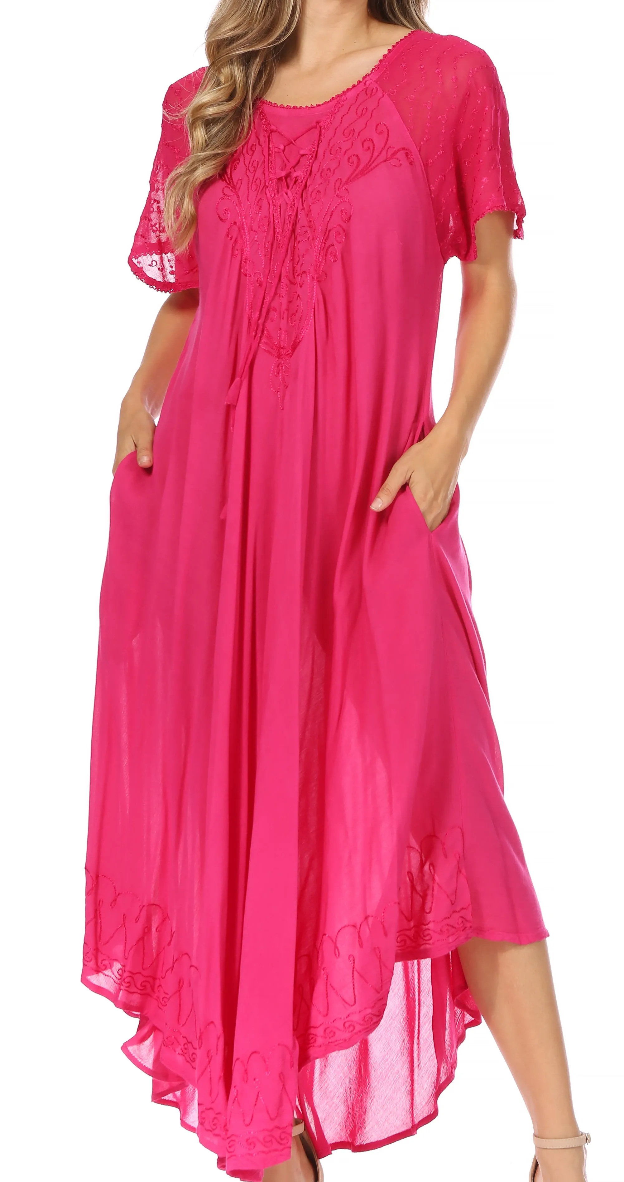 Sakkas Egan Women's Long Embroidered Caftan Dress / Cover Up With Embroidered Cap Sleeves