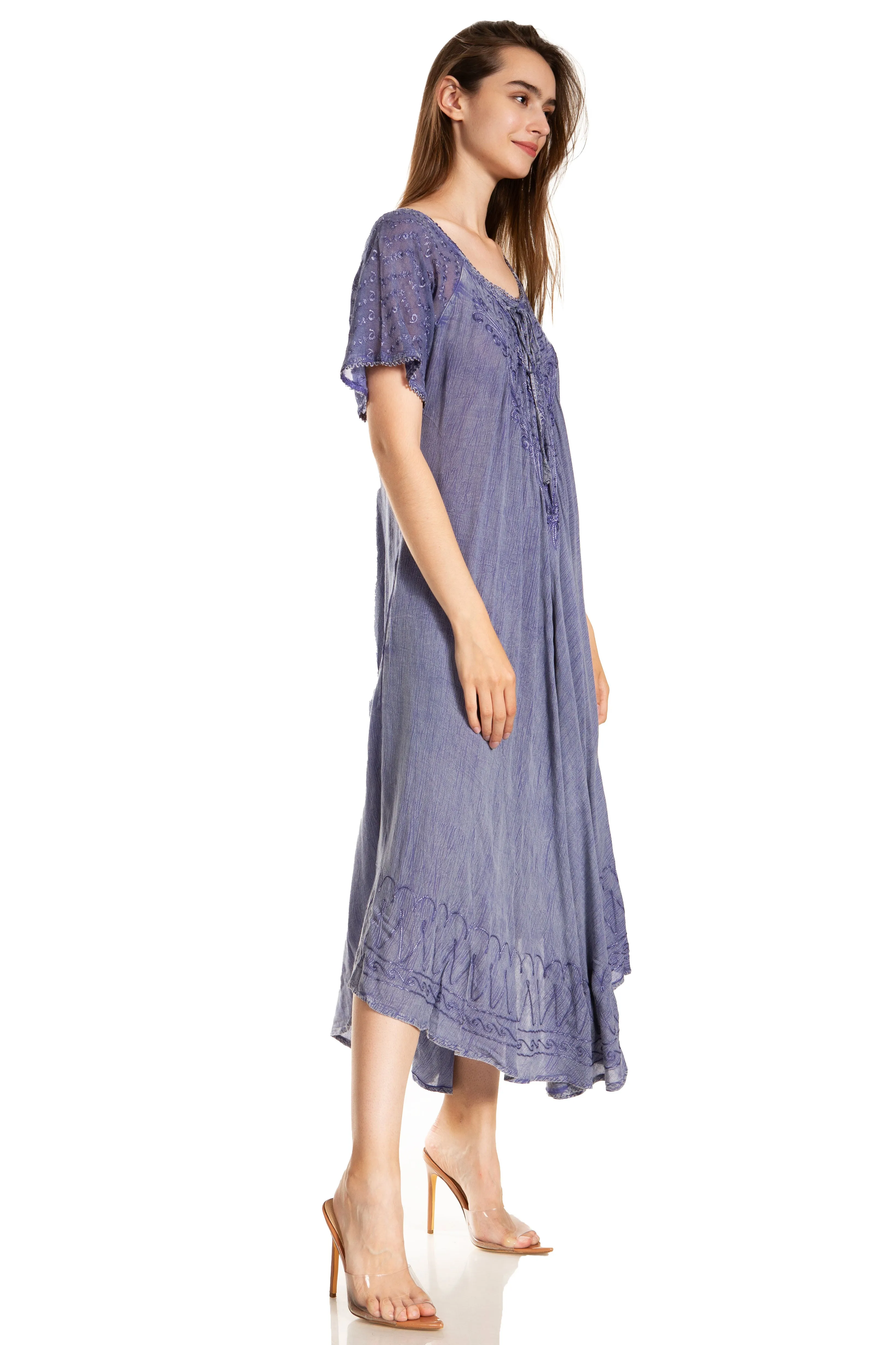 Sakkas Egan Women's Long Embroidered Caftan Dress / Cover Up With Embroidered Cap Sleeves