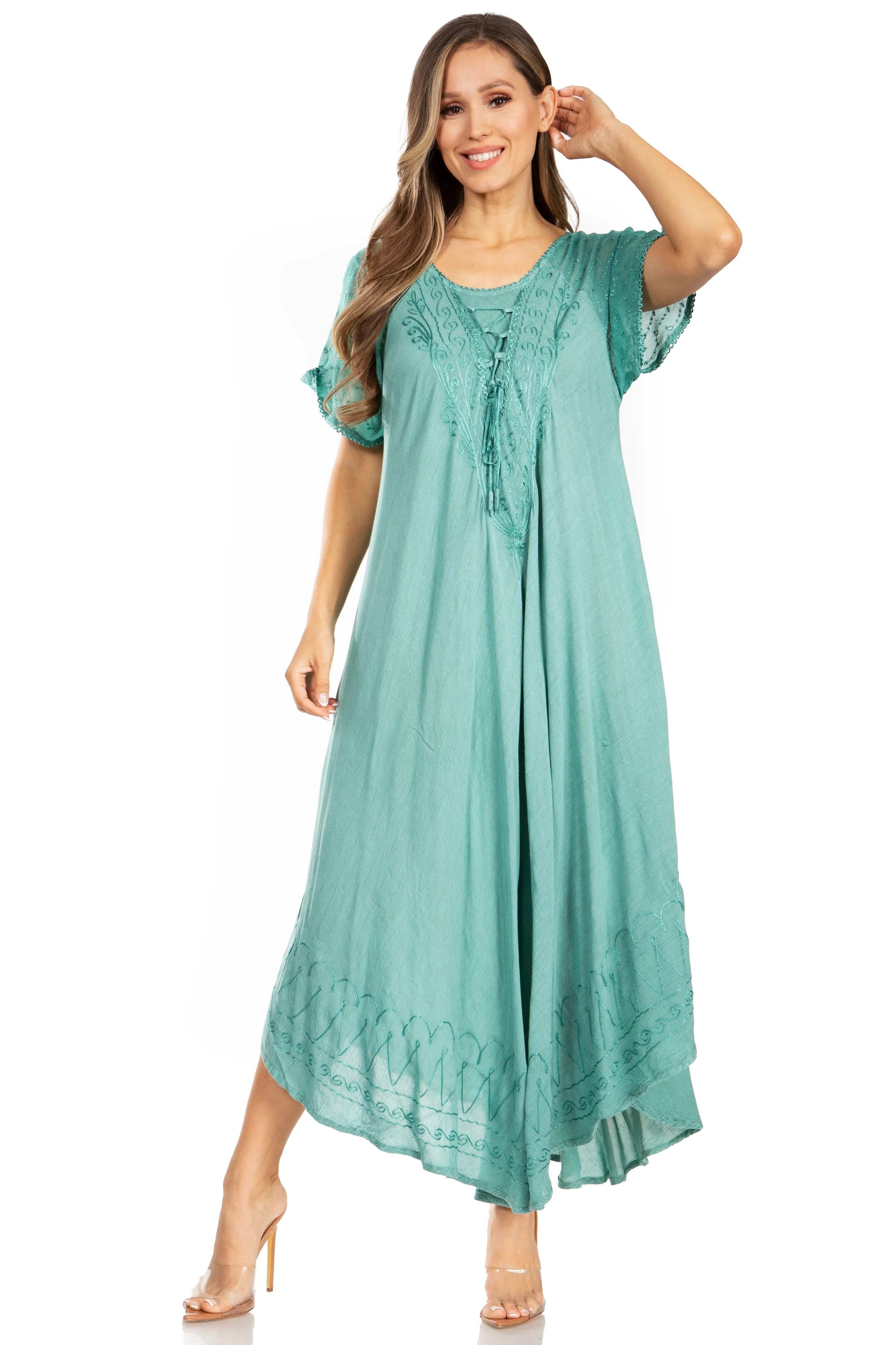 Sakkas Egan Women's Long Embroidered Caftan Dress / Cover Up With Embroidered Cap Sleeves