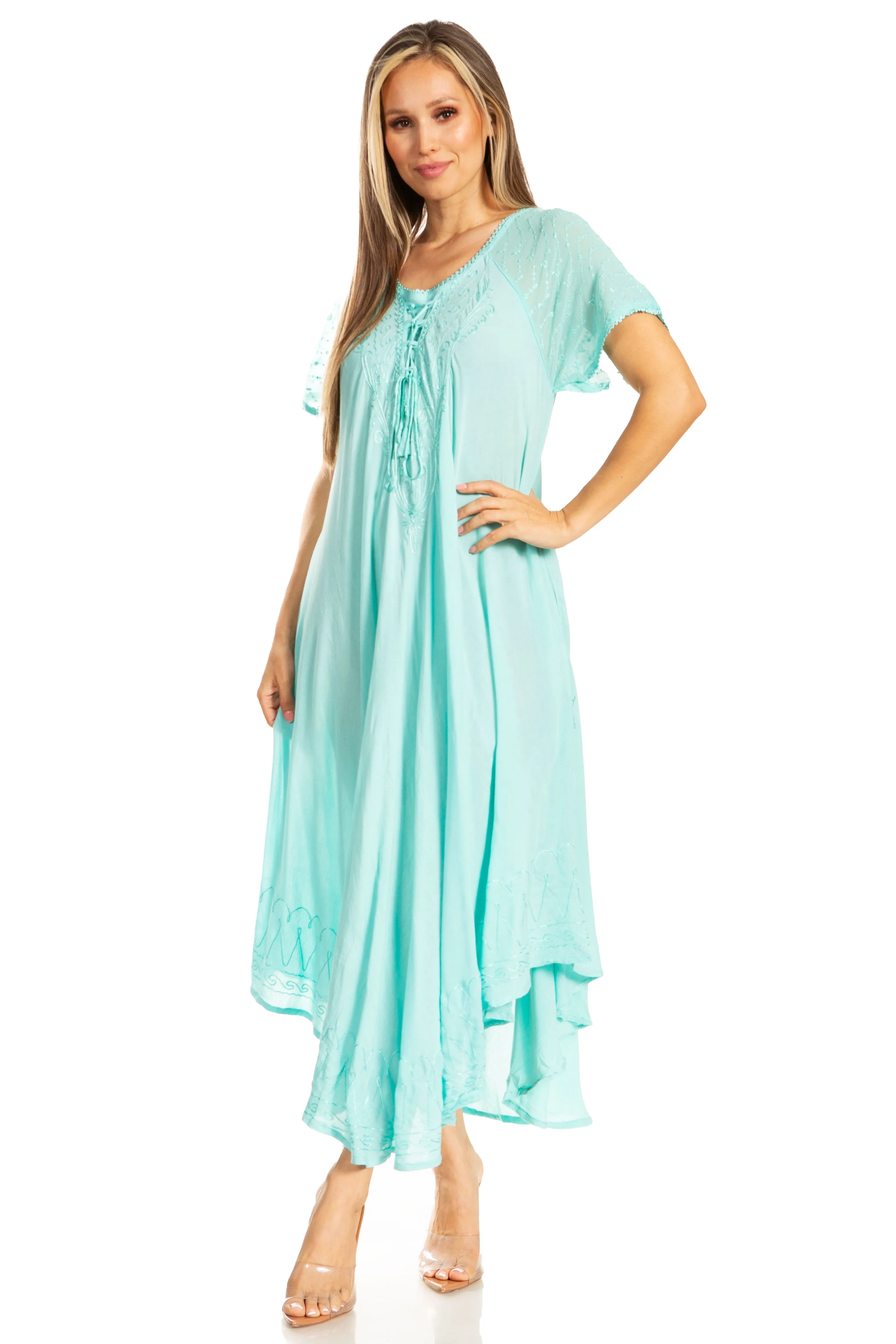 Sakkas Egan Women's Long Embroidered Caftan Dress / Cover Up With Embroidered Cap Sleeves