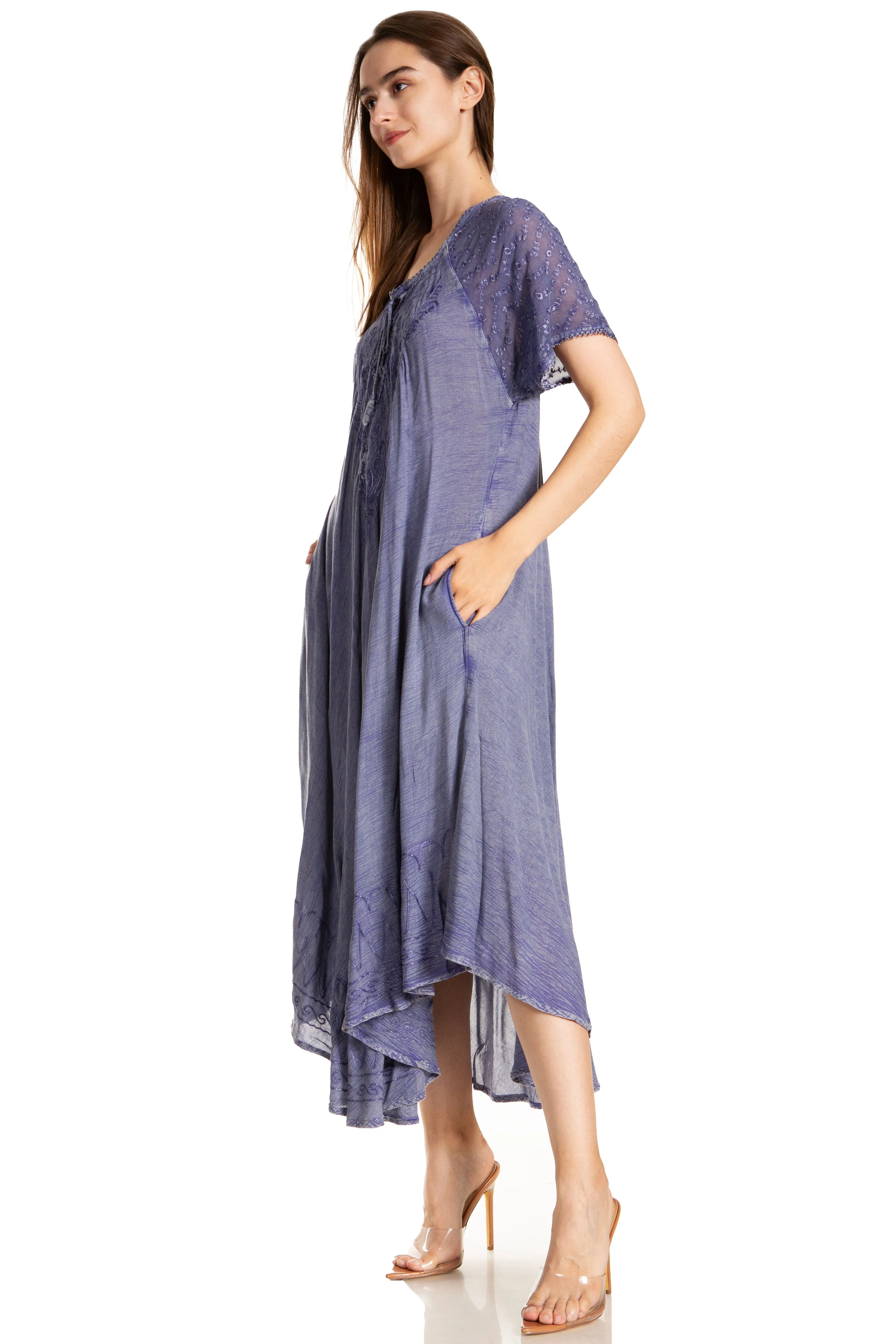 Sakkas Egan Women's Long Embroidered Caftan Dress / Cover Up With Embroidered Cap Sleeves