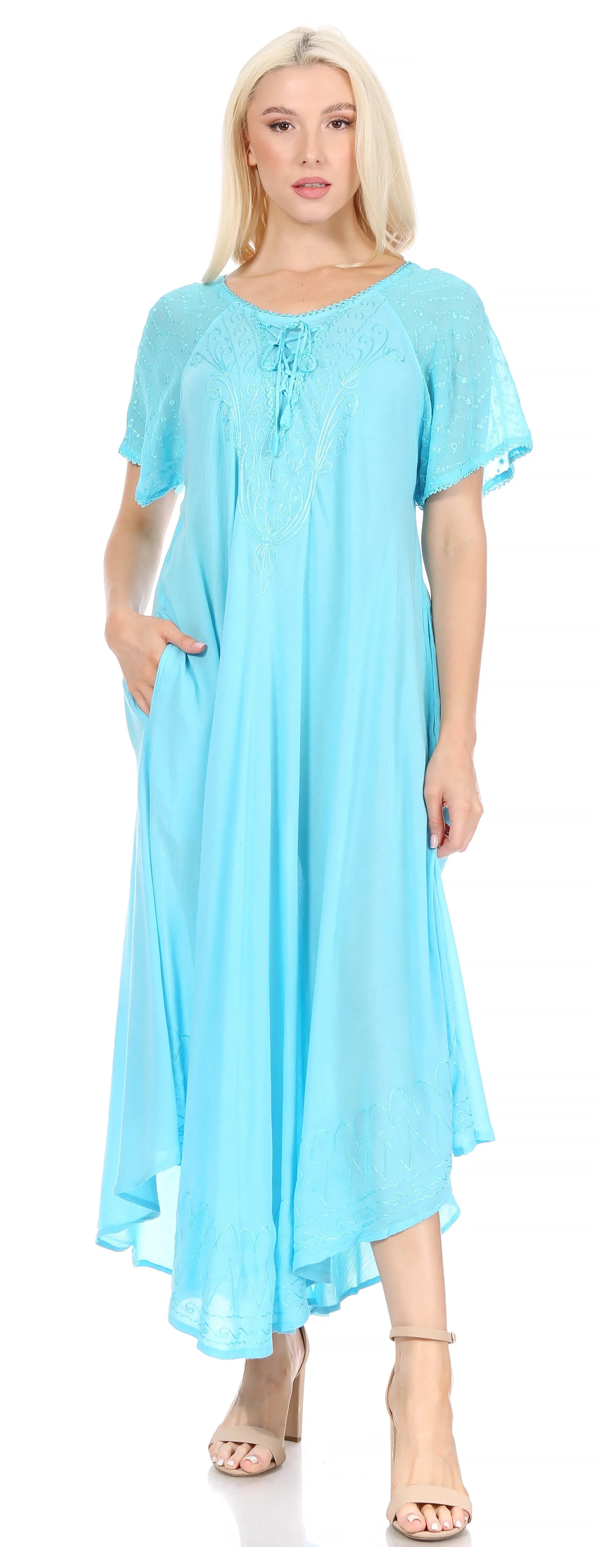 Sakkas Egan Women's Long Embroidered Caftan Dress / Cover Up With Embroidered Cap Sleeves