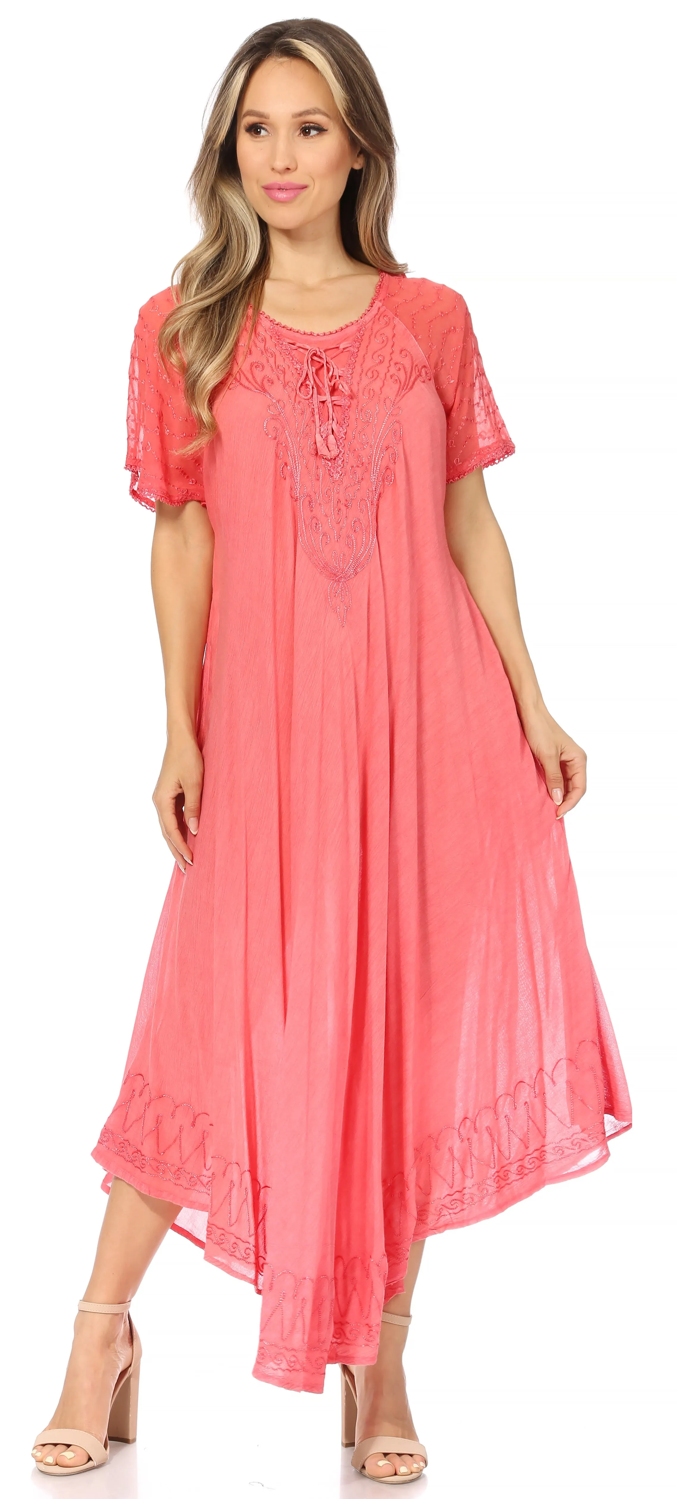 Sakkas Egan Women's Long Embroidered Caftan Dress / Cover Up With Embroidered Cap Sleeves