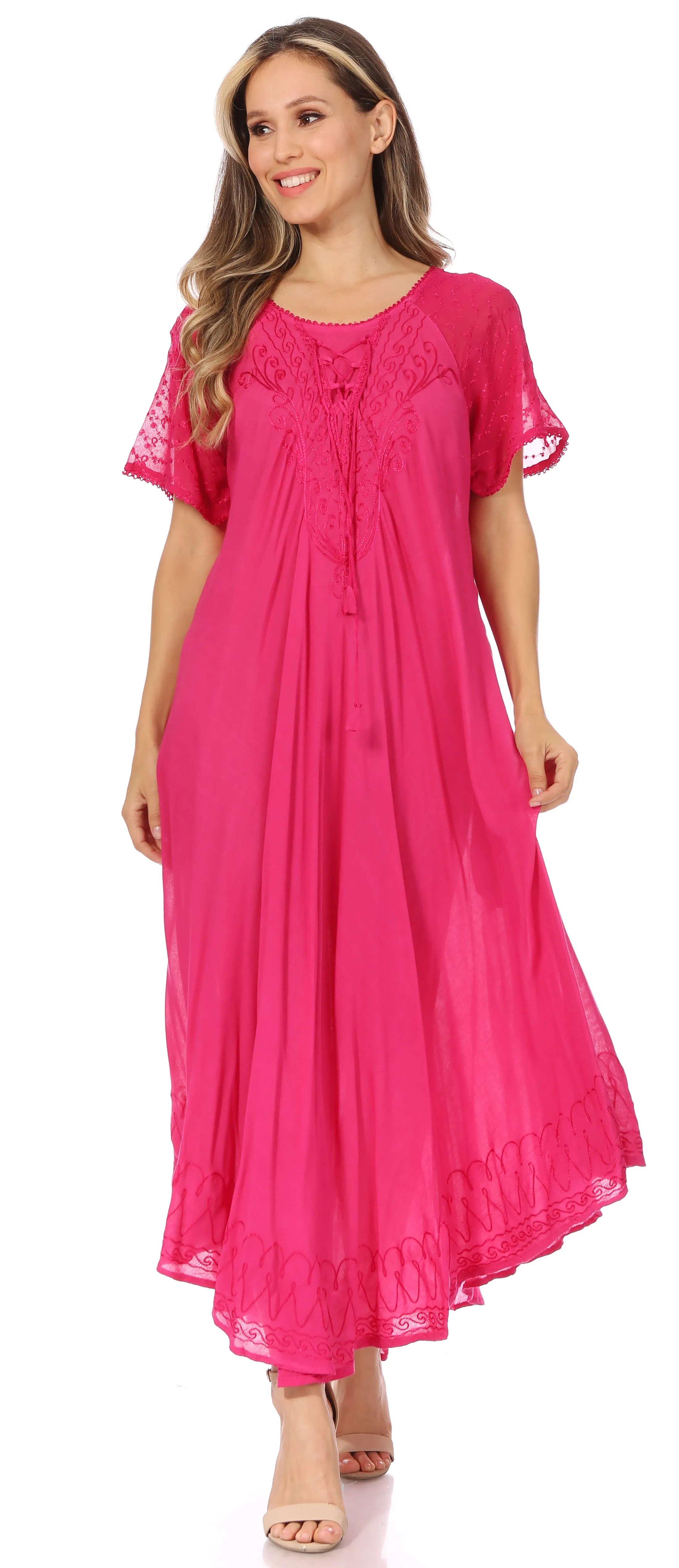 Sakkas Egan Women's Long Embroidered Caftan Dress / Cover Up With Embroidered Cap Sleeves