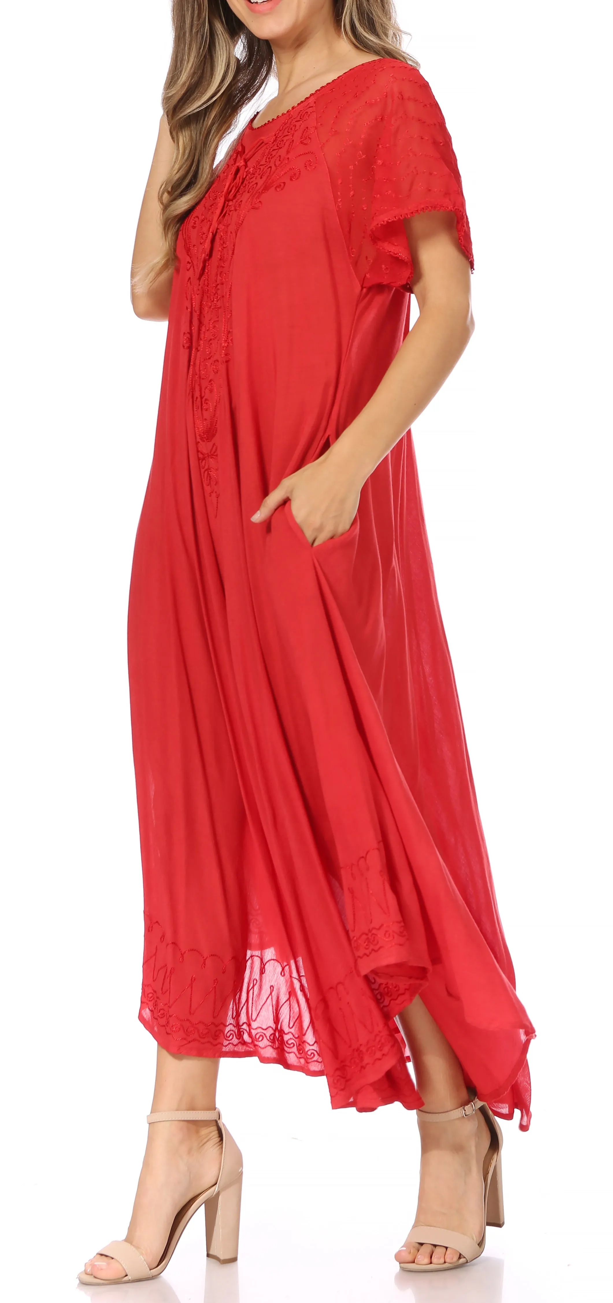 Sakkas Egan Women's Long Embroidered Caftan Dress / Cover Up With Embroidered Cap Sleeves