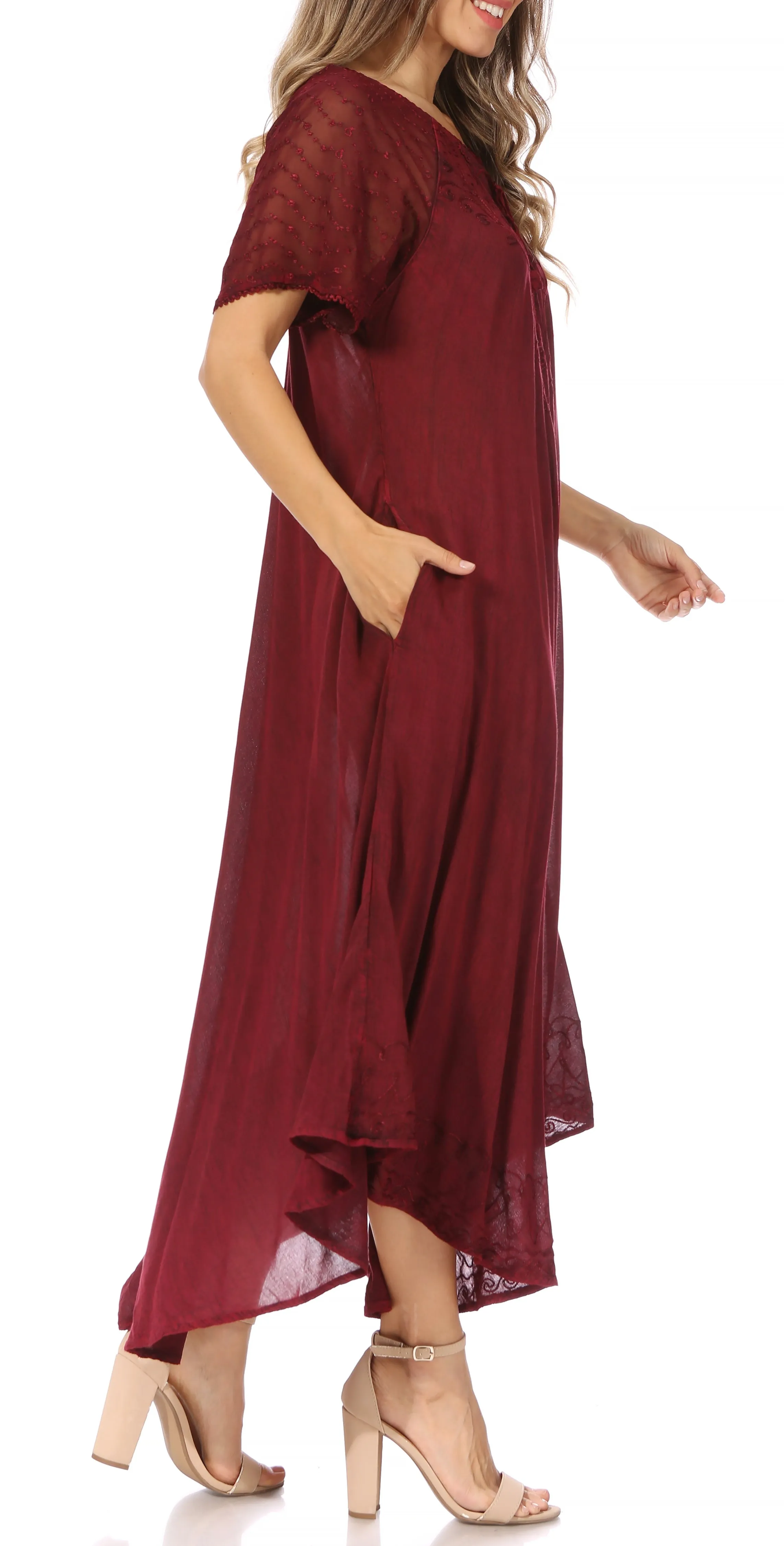 Sakkas Egan Women's Long Embroidered Caftan Dress / Cover Up With Embroidered Cap Sleeves