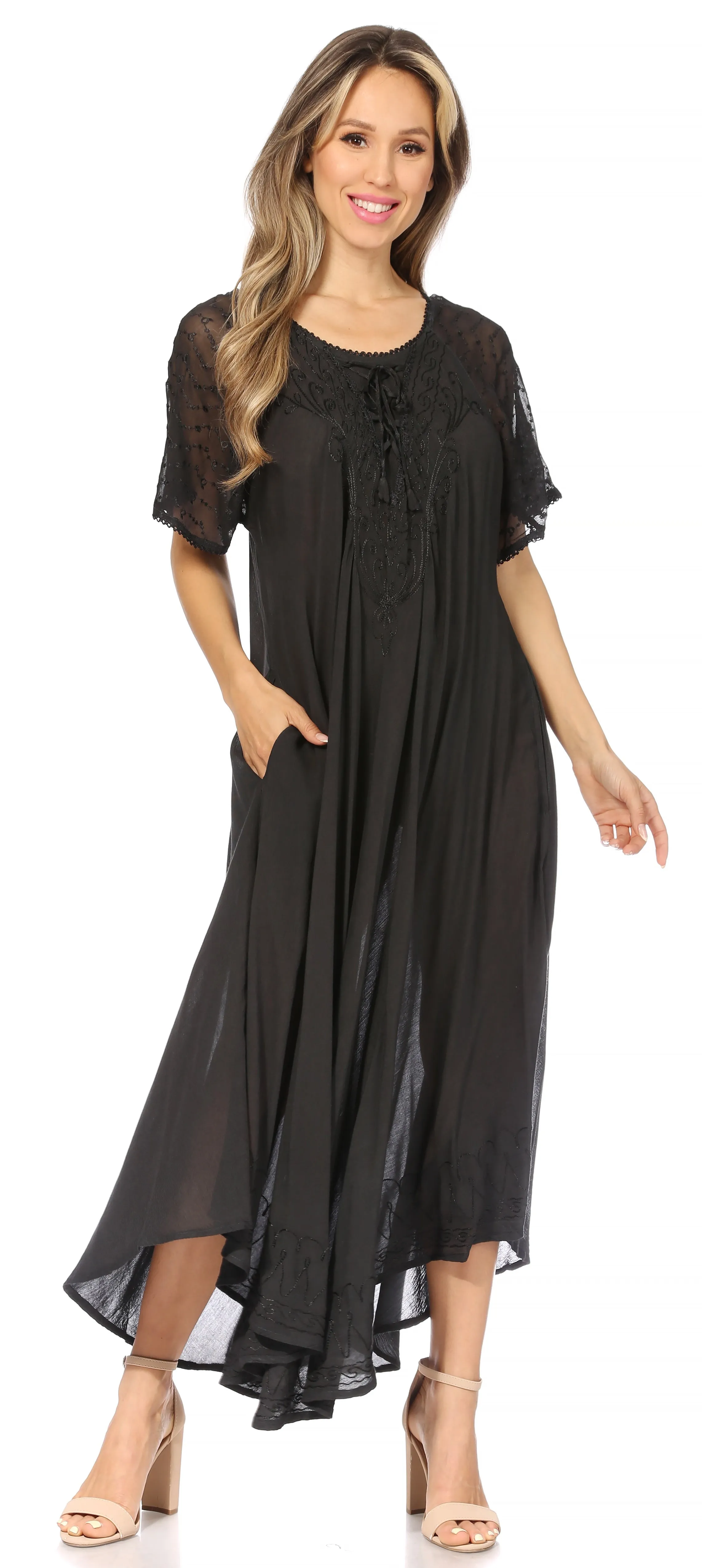 Sakkas Egan Women's Long Embroidered Caftan Dress / Cover Up With Embroidered Cap Sleeves