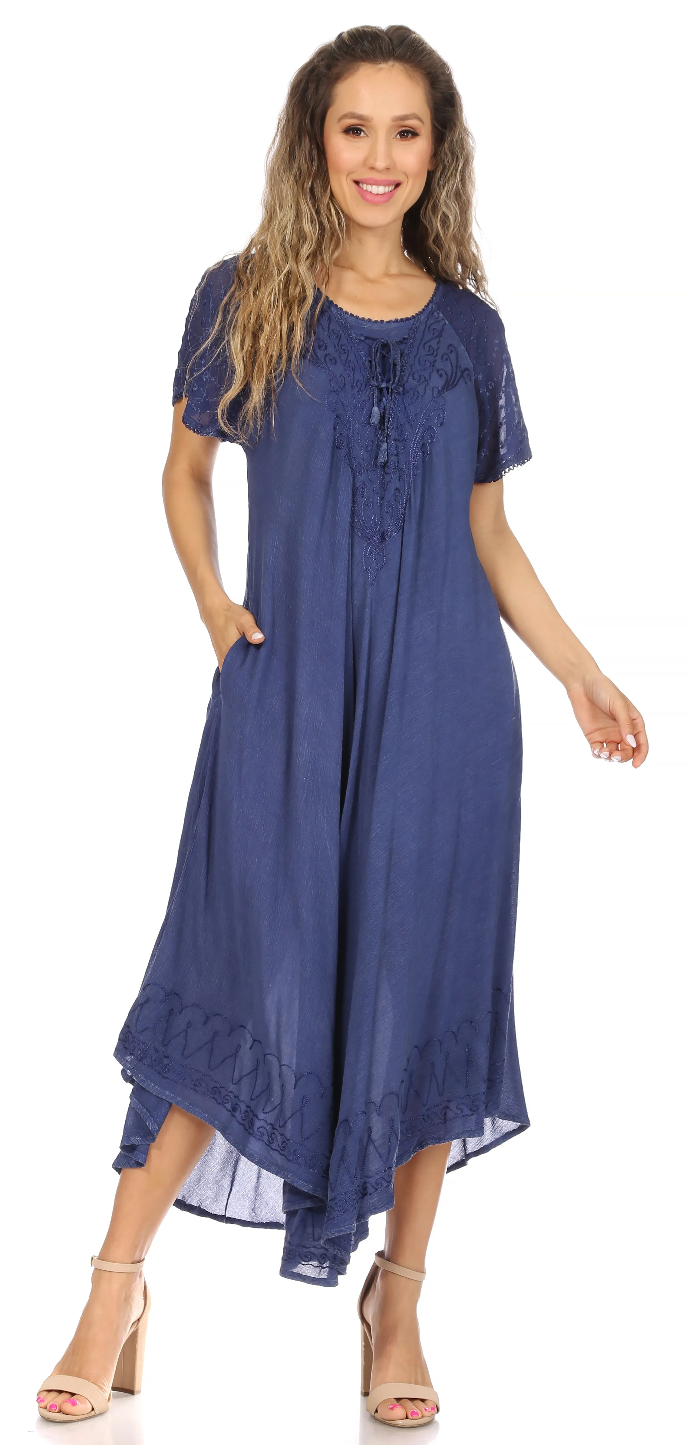 Sakkas Egan Women's Long Embroidered Caftan Dress / Cover Up With Embroidered Cap Sleeves