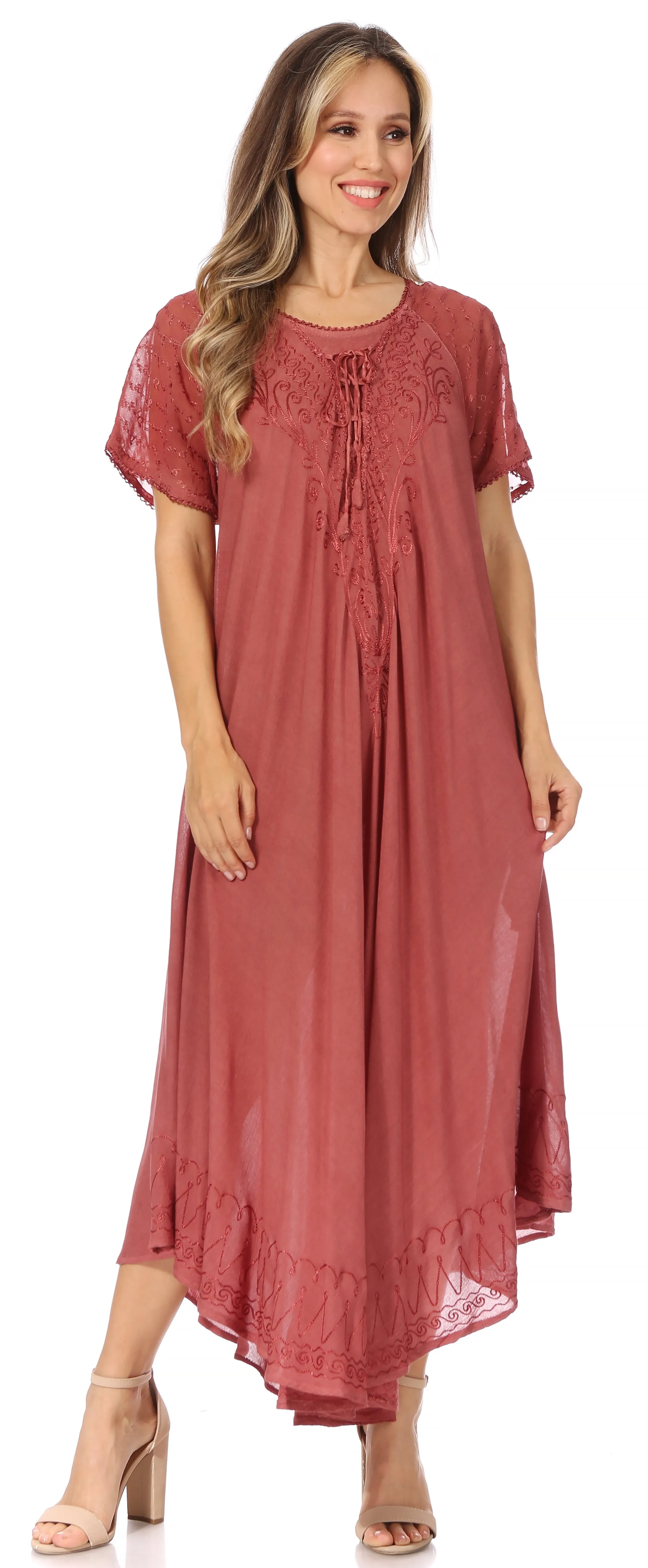 Sakkas Egan Women's Long Embroidered Caftan Dress / Cover Up With Embroidered Cap Sleeves