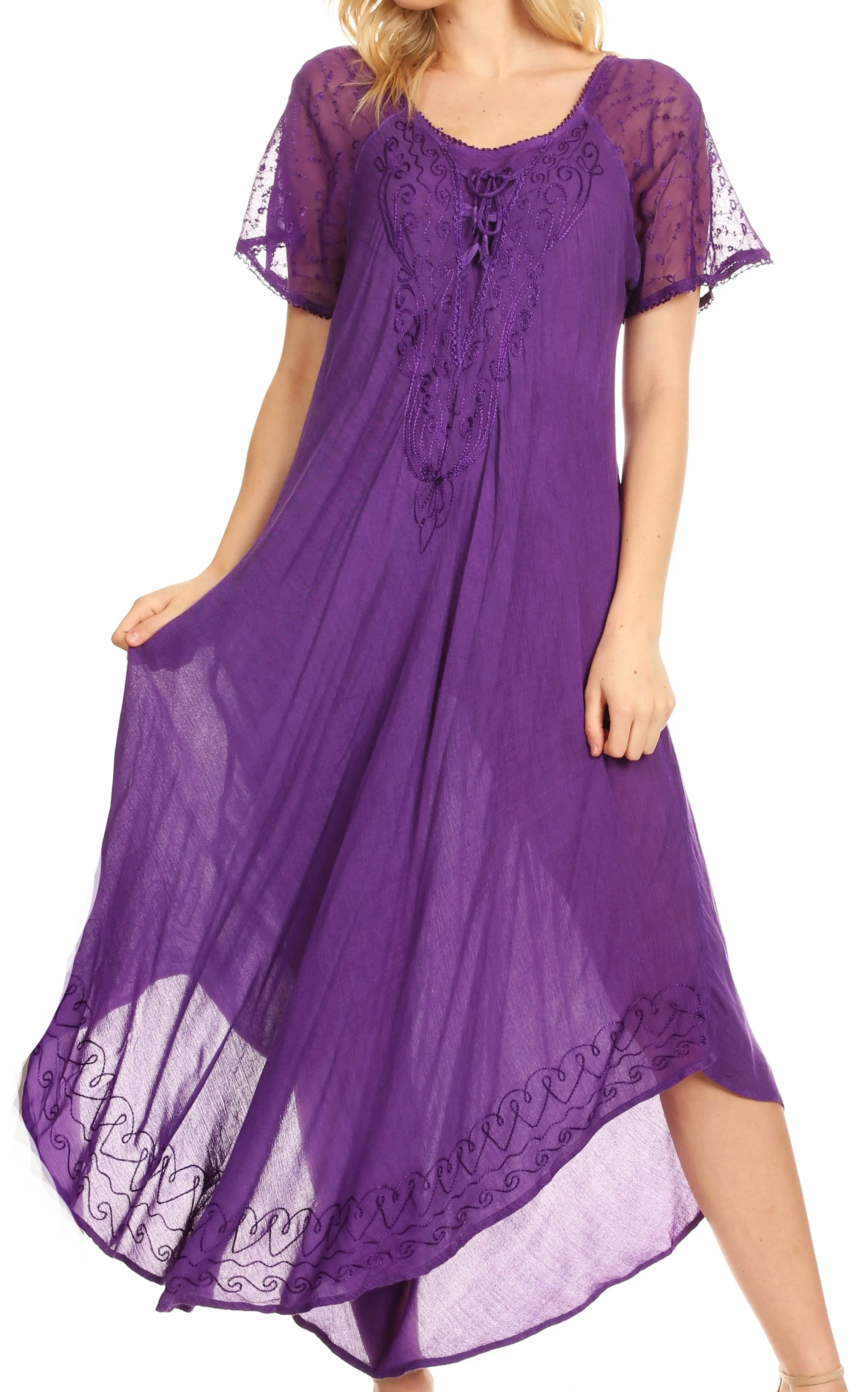 Sakkas Egan Women's Long Embroidered Caftan Dress / Cover Up With Embroidered Cap Sleeves