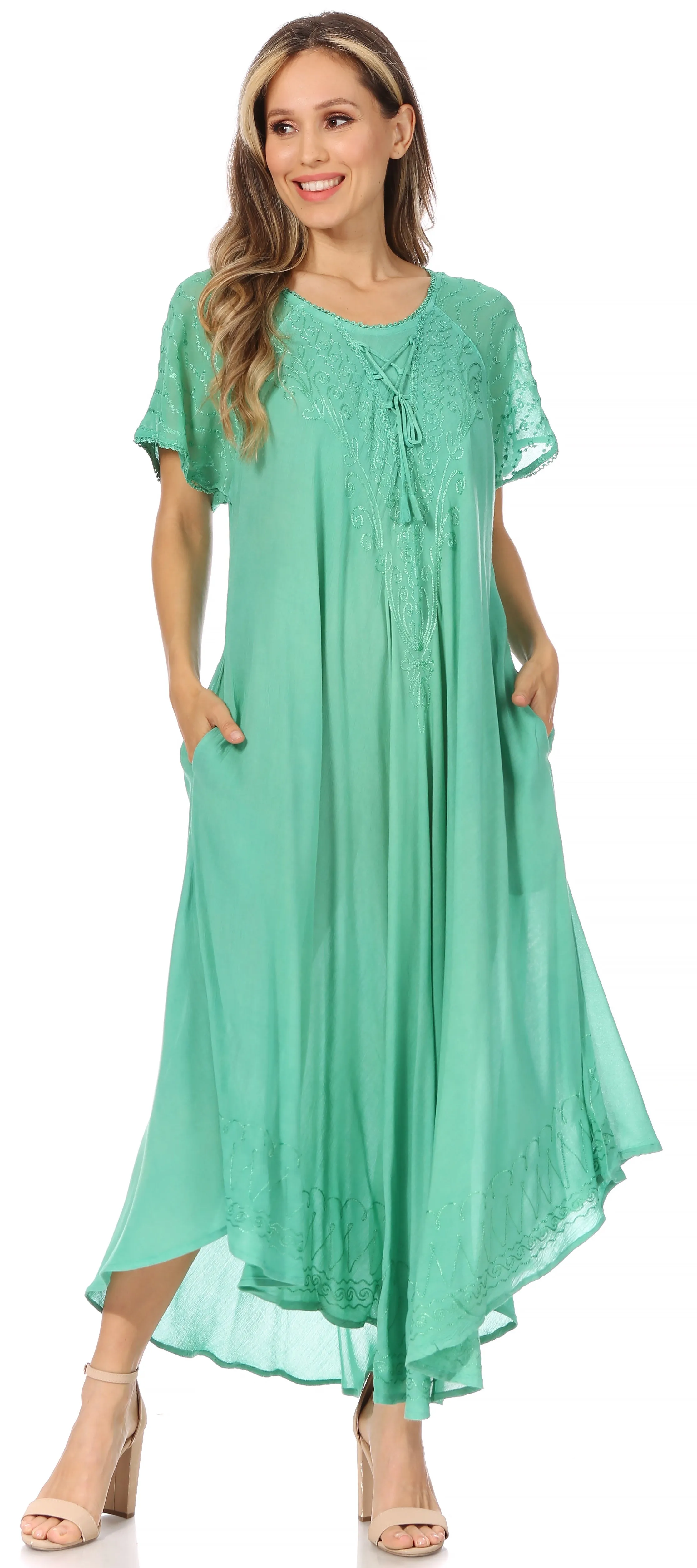 Sakkas Egan Women's Long Embroidered Caftan Dress / Cover Up With Embroidered Cap Sleeves