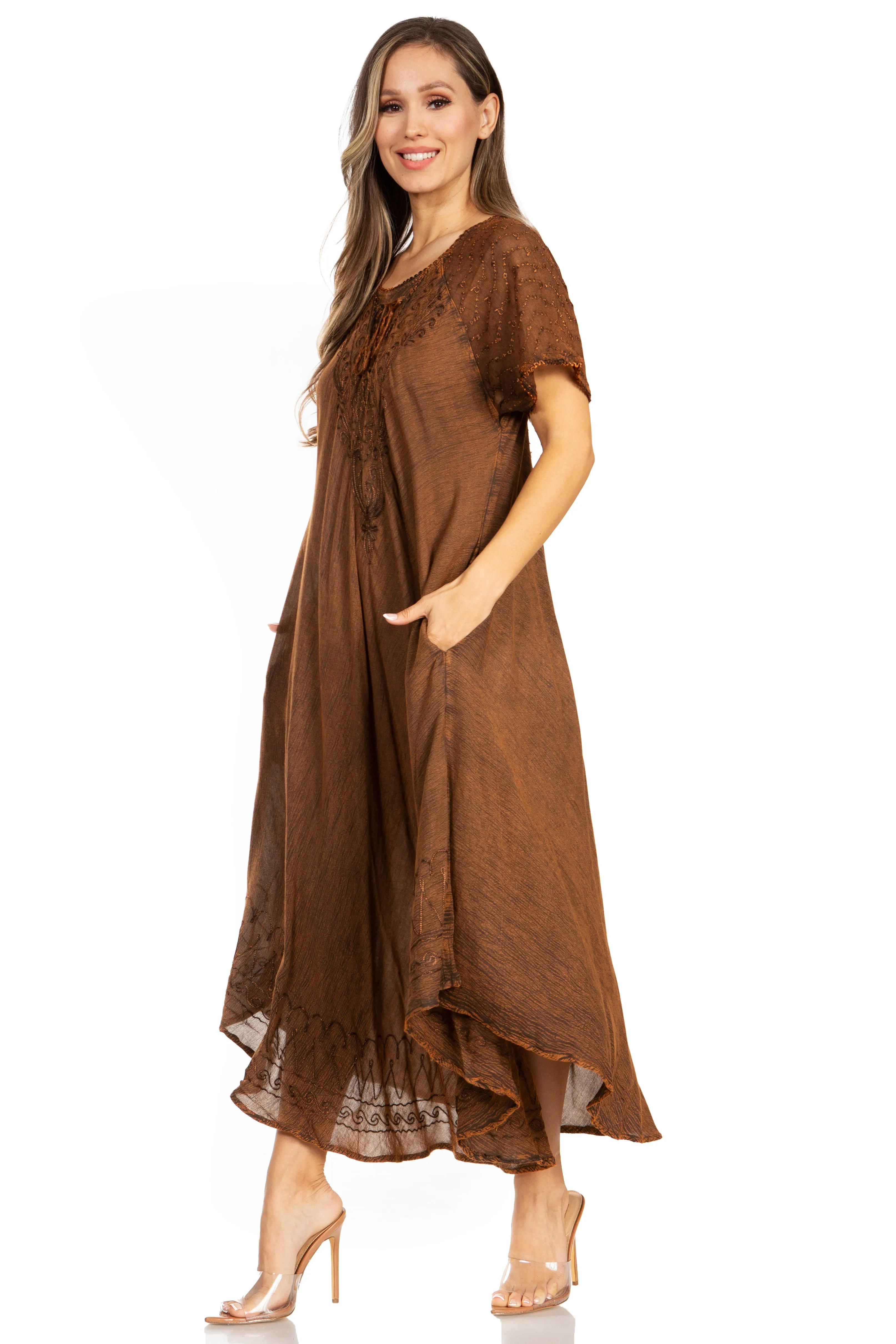 Sakkas Egan Women's Long Embroidered Caftan Dress / Cover Up With Embroidered Cap Sleeves