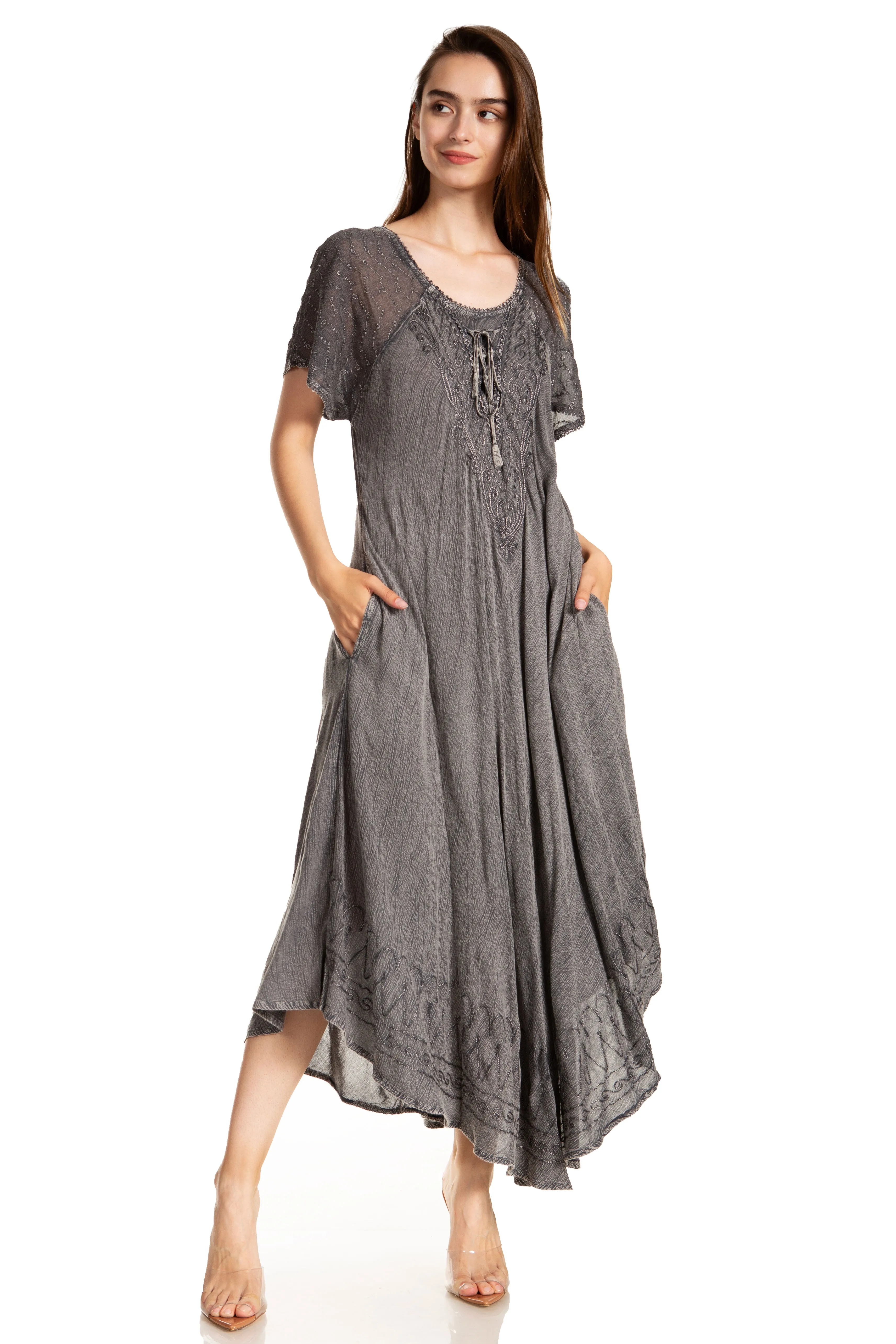 Sakkas Egan Women's Long Embroidered Caftan Dress / Cover Up With Embroidered Cap Sleeves