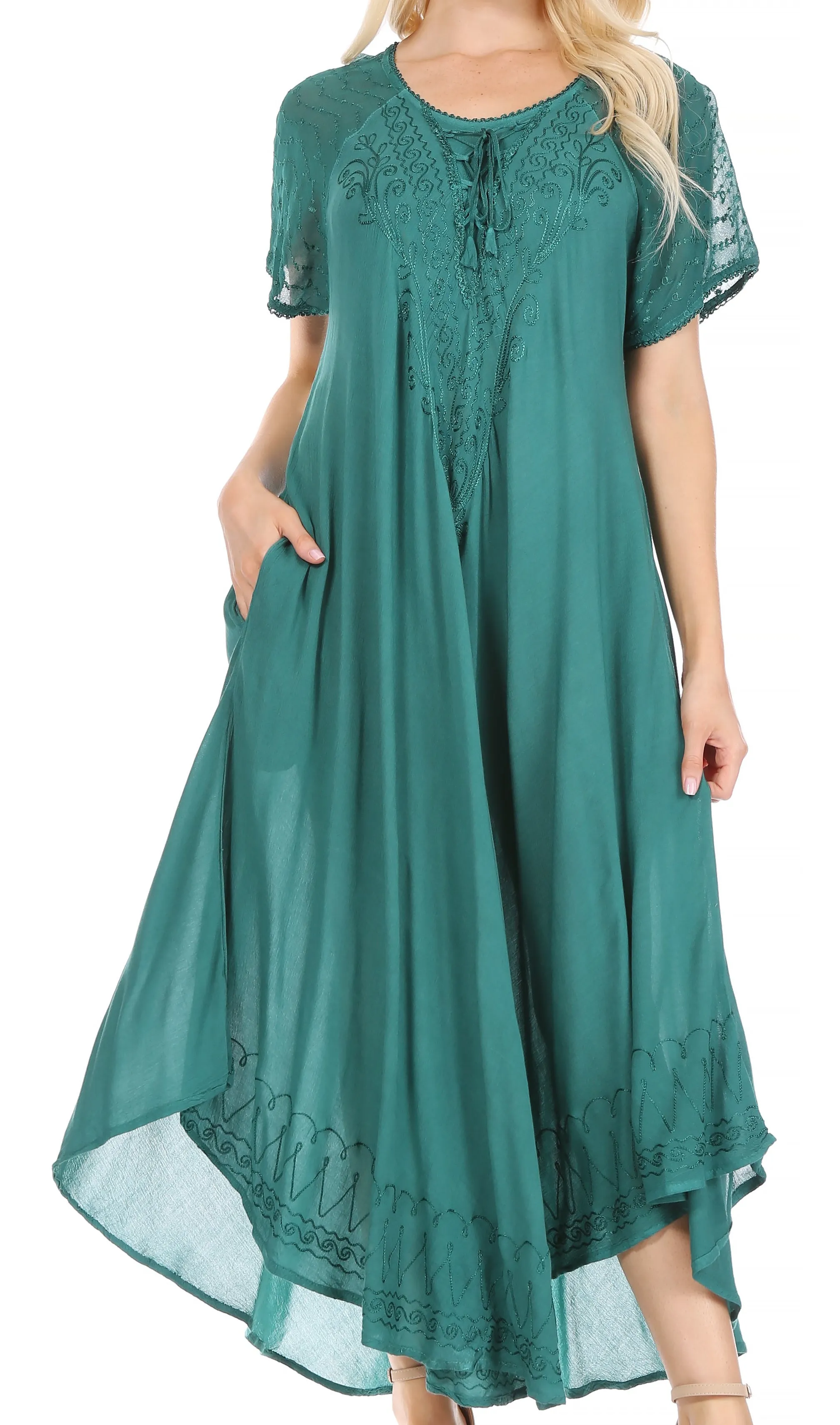 Sakkas Egan Women's Long Embroidered Caftan Dress / Cover Up With Embroidered Cap Sleeves