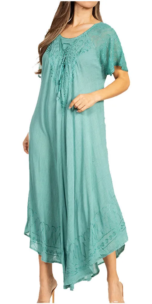 Sakkas Egan Women's Long Embroidered Caftan Dress / Cover Up With Embroidered Cap Sleeves