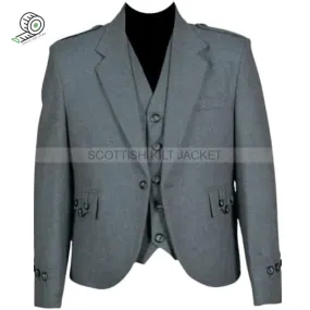 Scottish Wedding Jacket 100% Wool Light Grey Argyll Kilt Jacket & Waistcoat/Vest