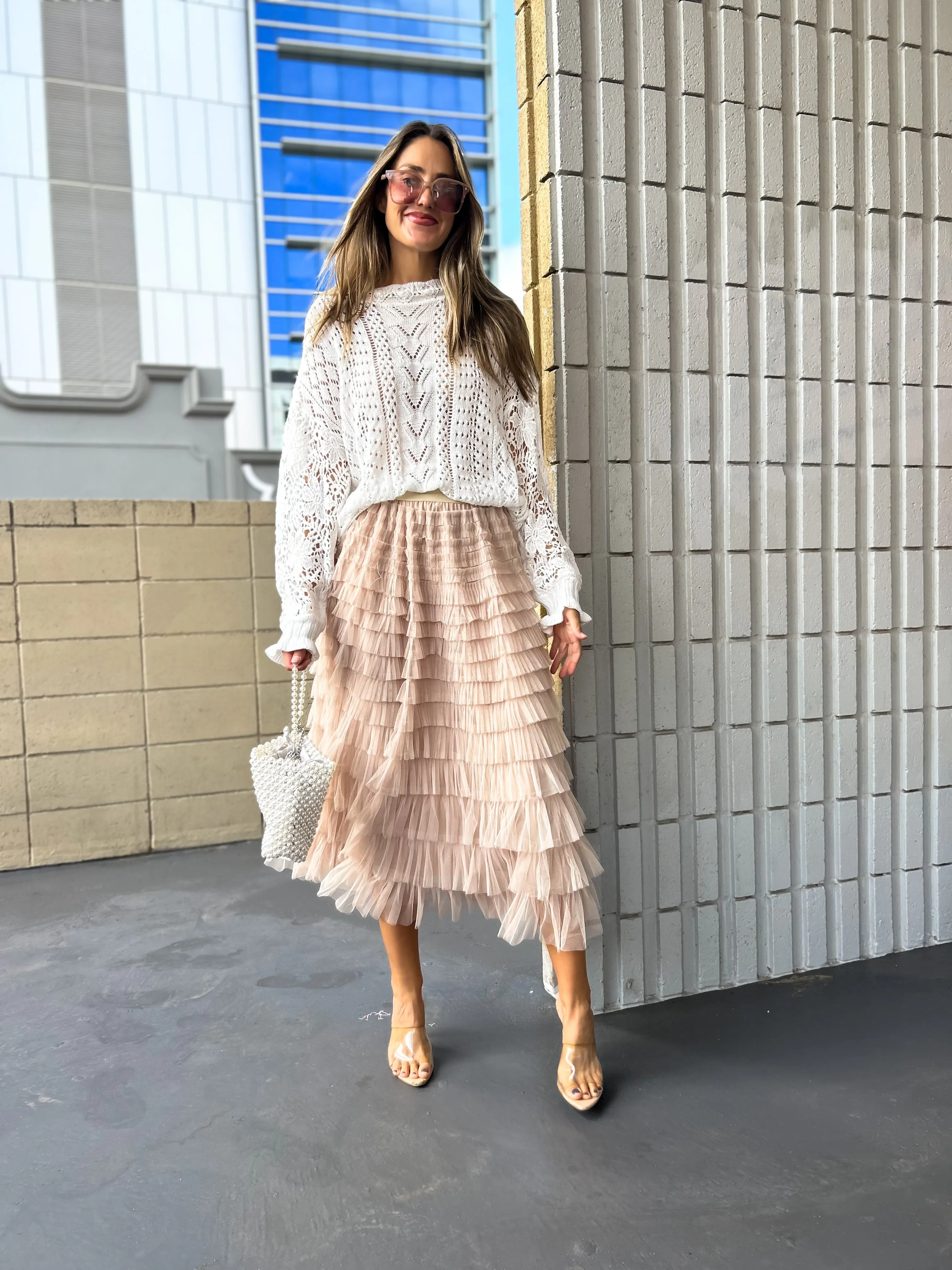 SELENA Tulle Feathered Maxi Skirt - Nude