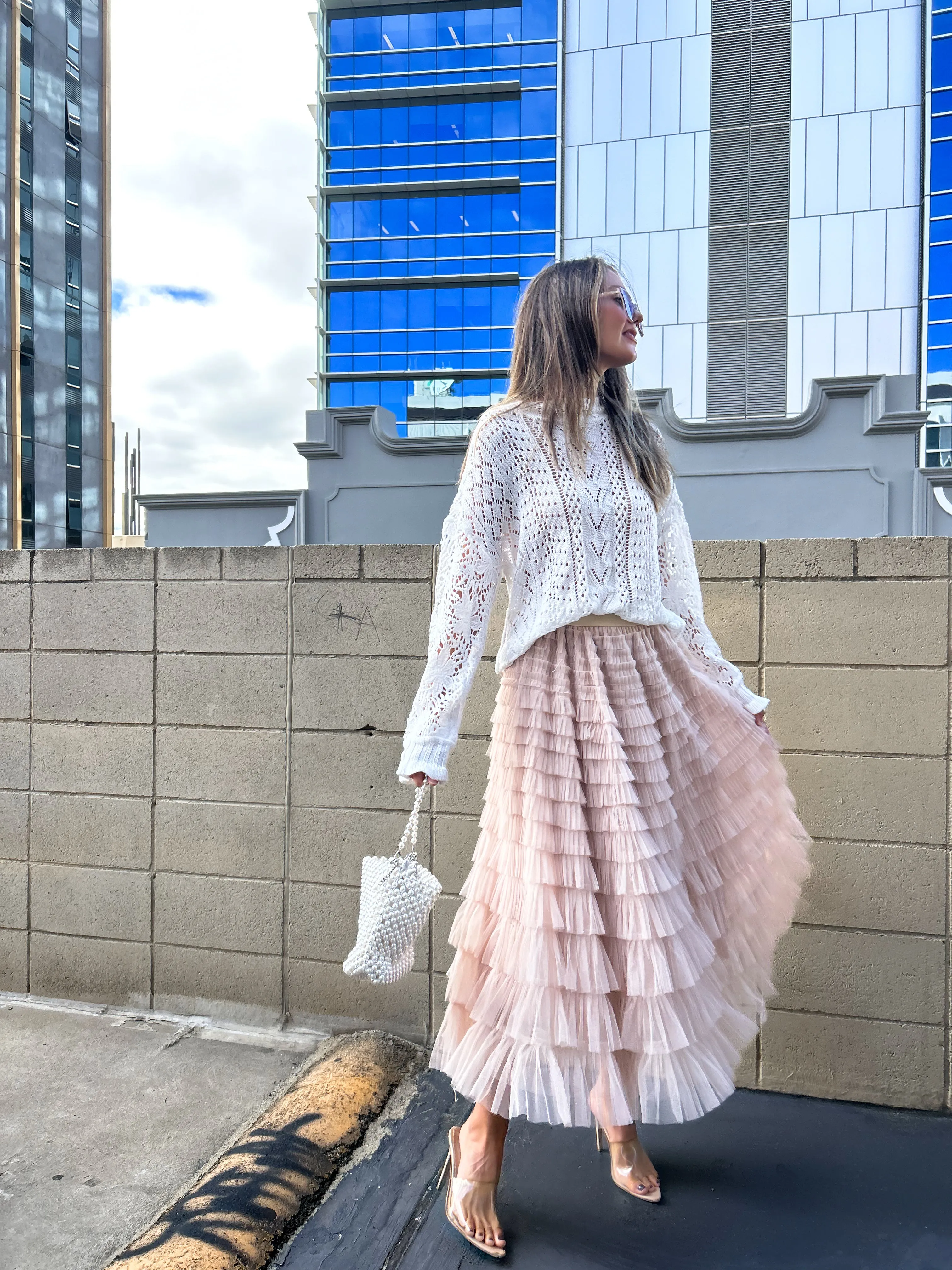 SELENA Tulle Feathered Maxi Skirt - Nude