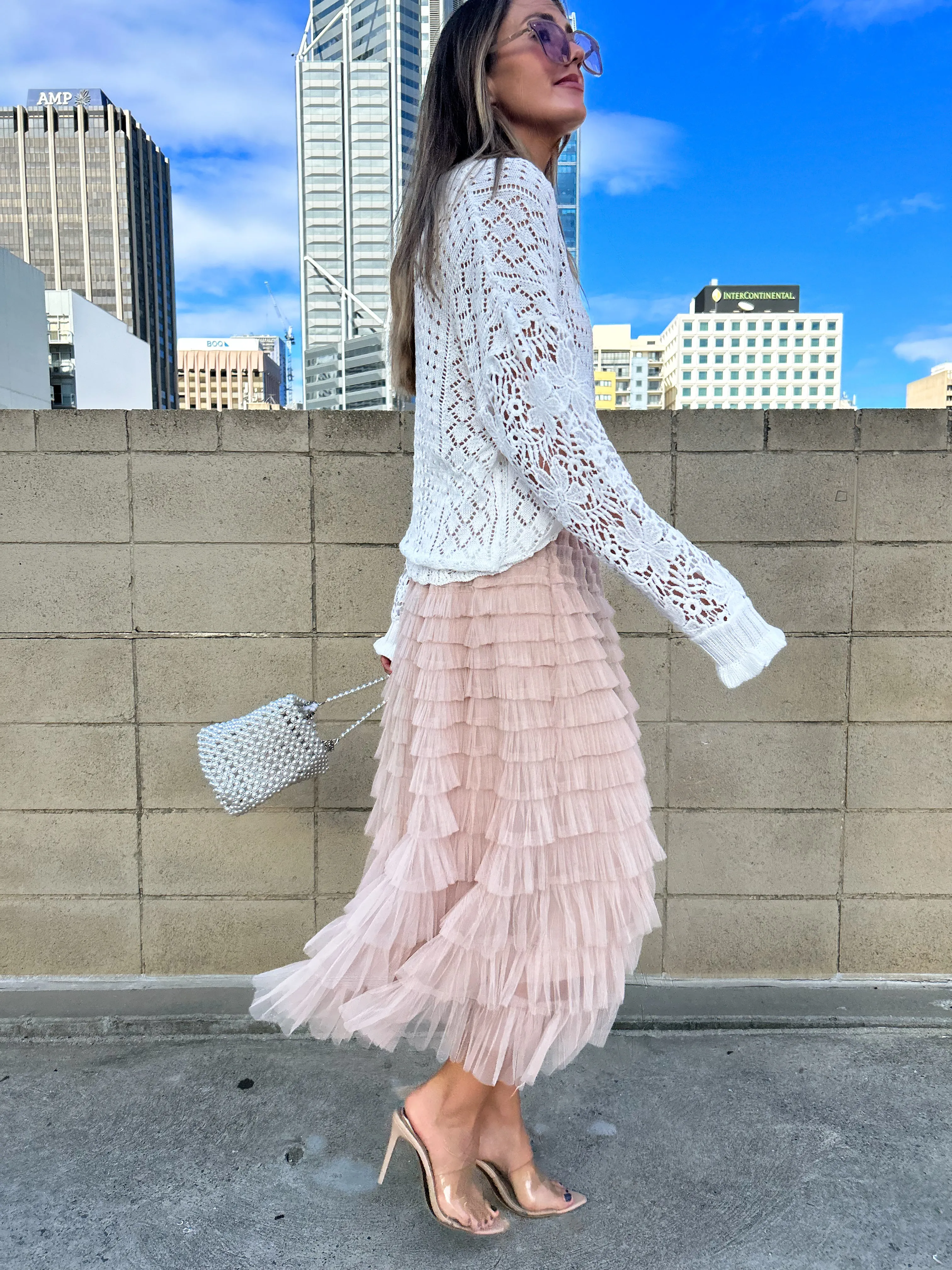 SELENA Tulle Feathered Maxi Skirt - Nude