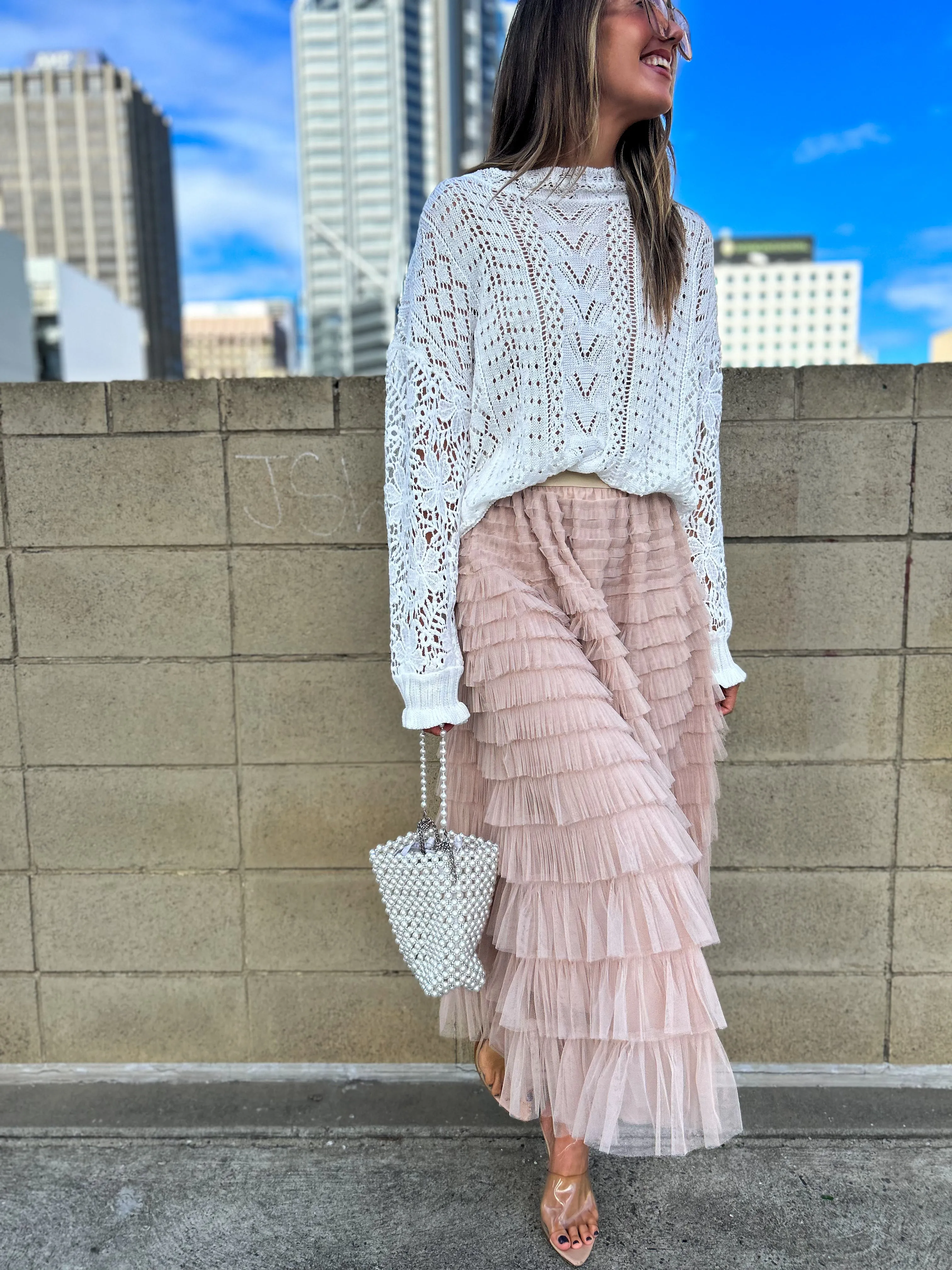 SELENA Tulle Feathered Maxi Skirt - Nude