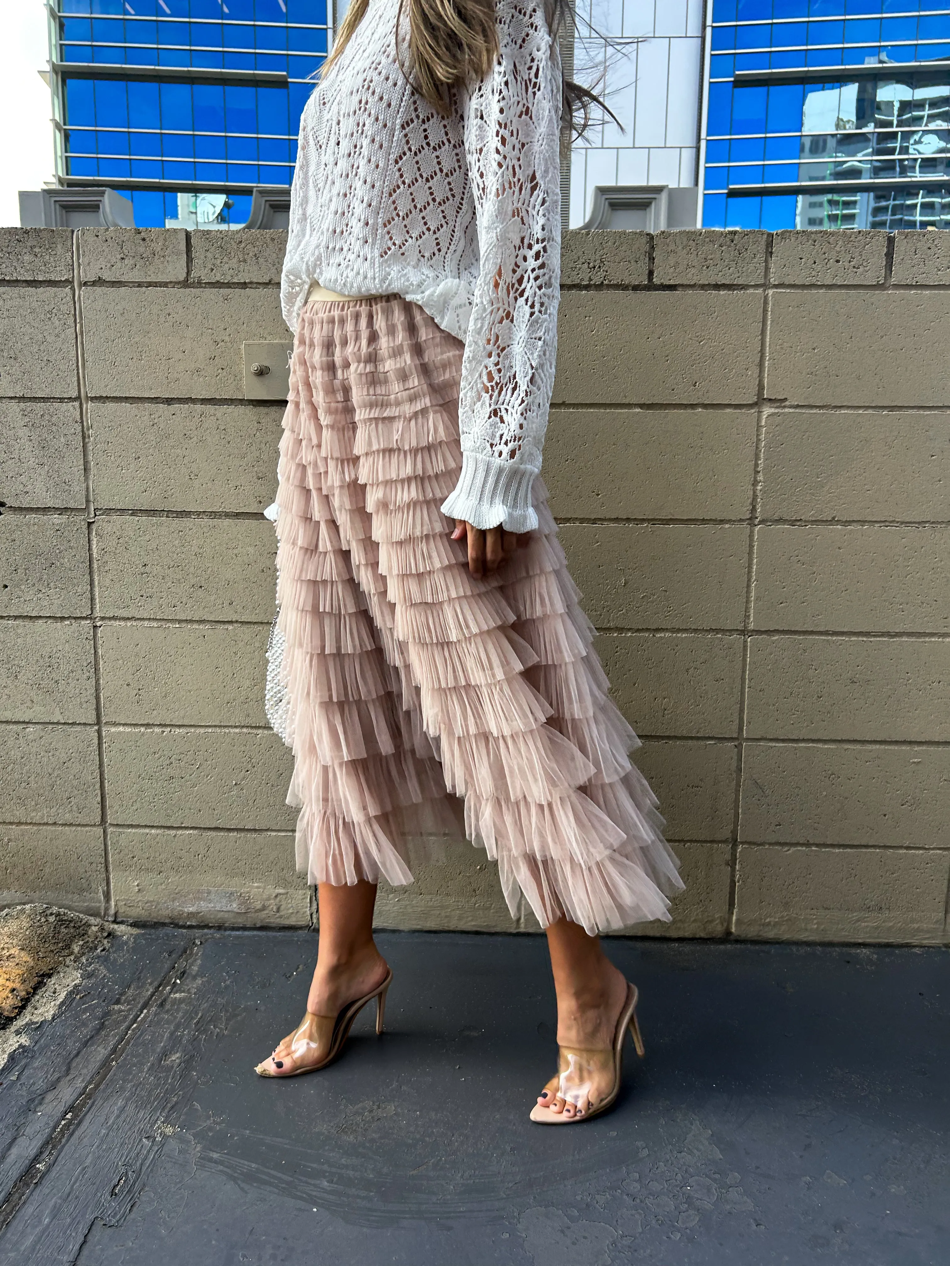 SELENA Tulle Feathered Maxi Skirt - Nude