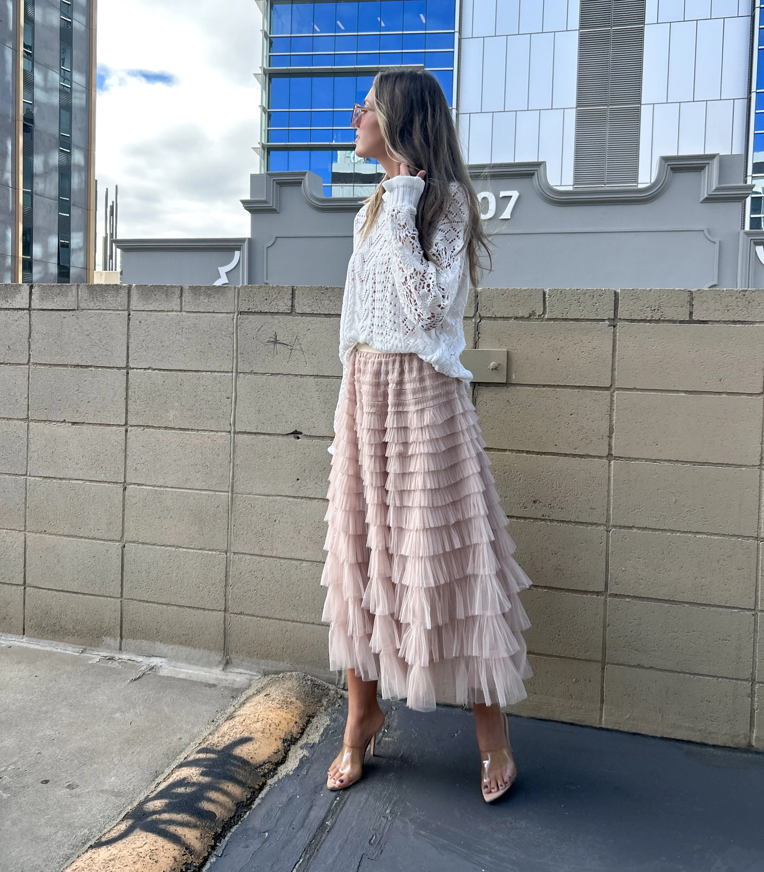 SELENA Tulle Feathered Maxi Skirt - Nude