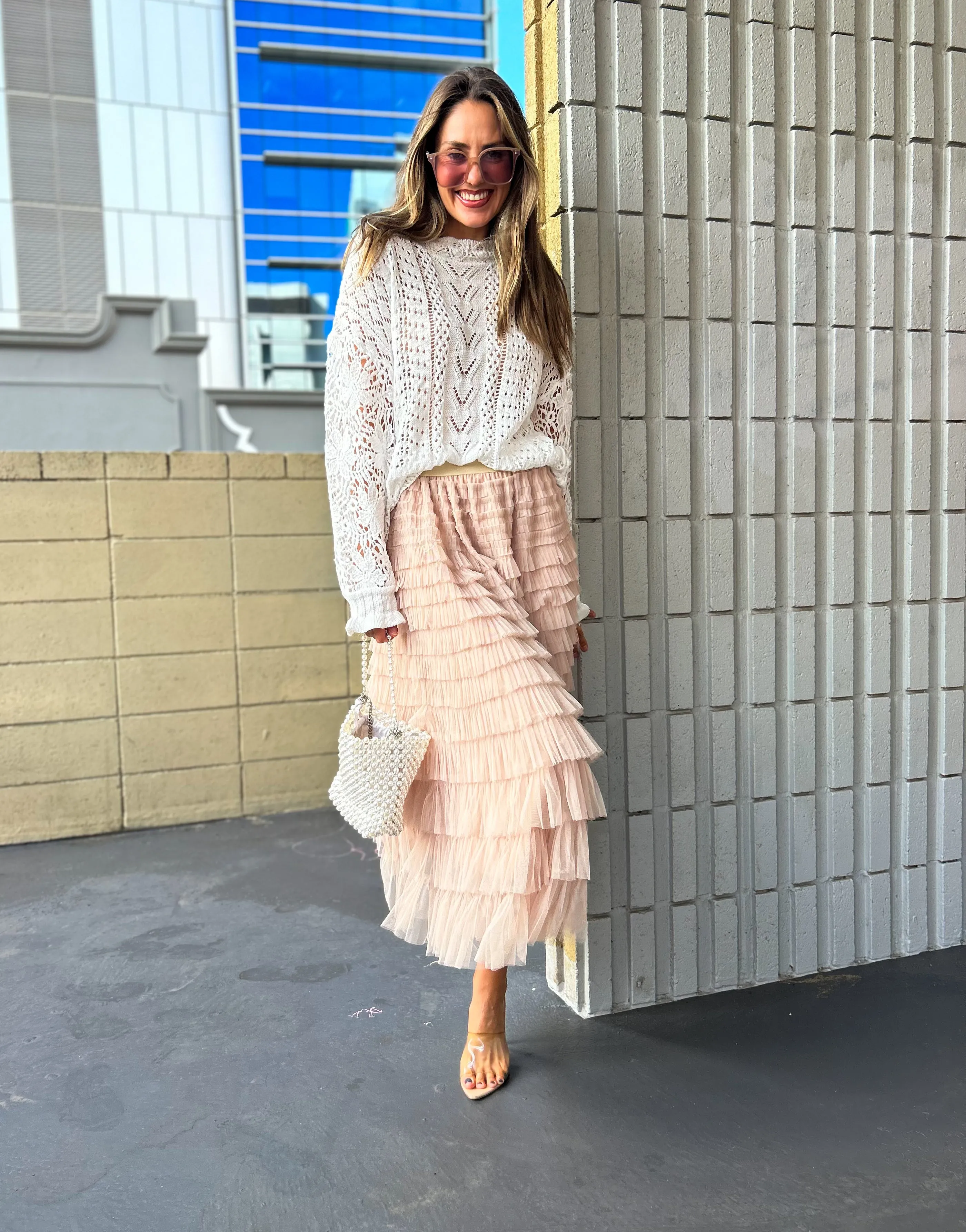 SELENA Tulle Feathered Maxi Skirt - Nude