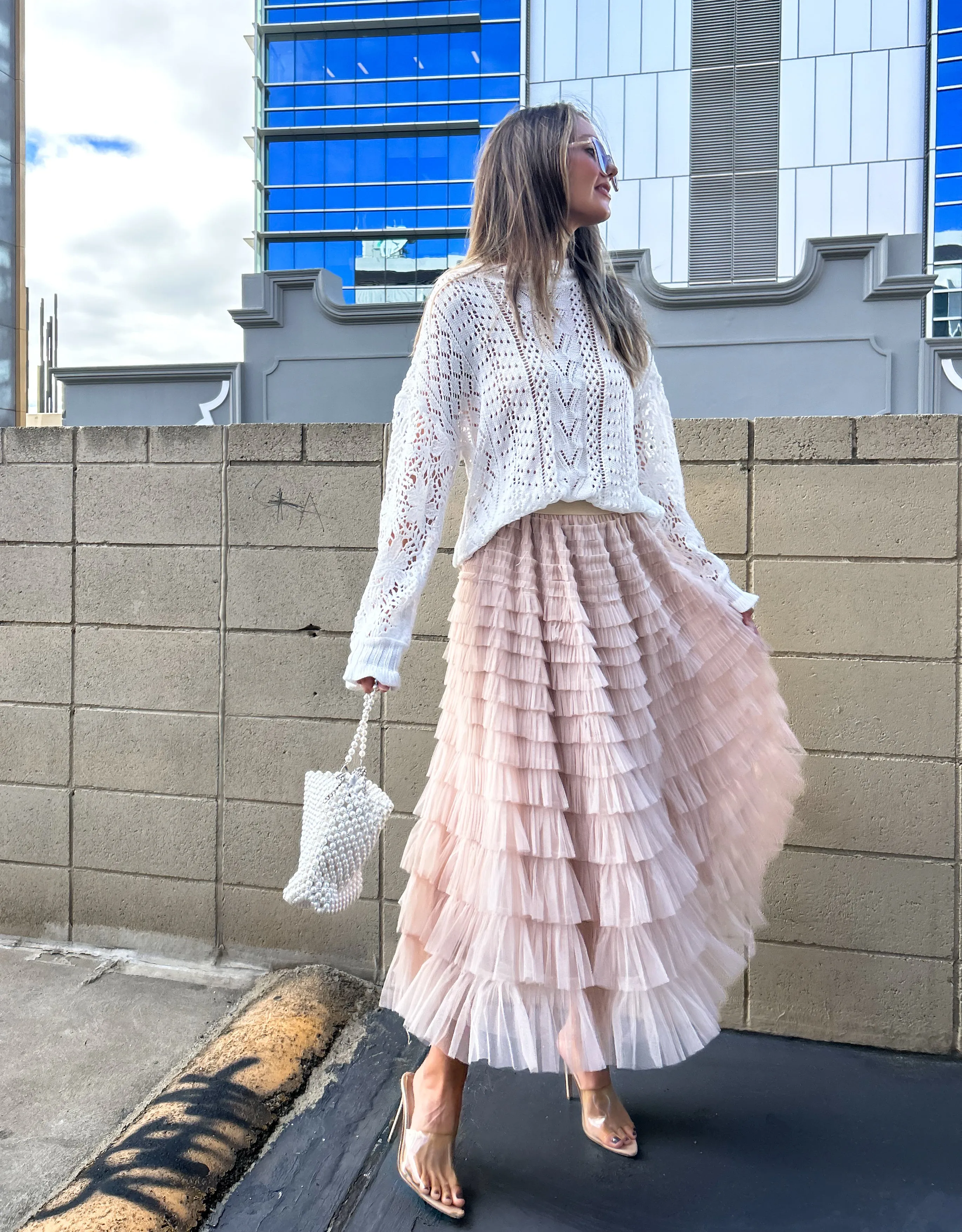 SELENA Tulle Feathered Maxi Skirt - Nude