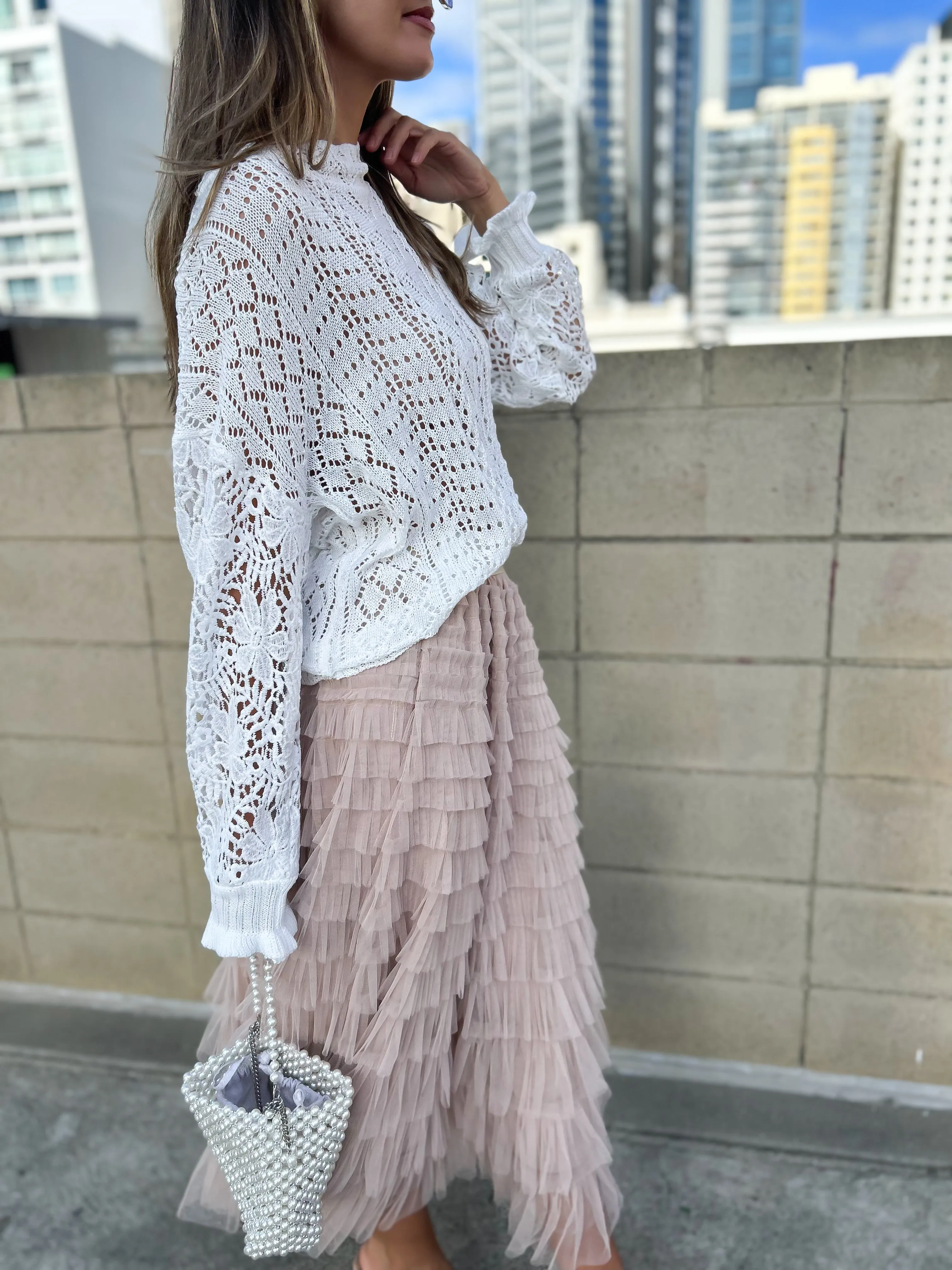 SELENA Tulle Feathered Maxi Skirt - Nude