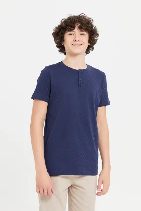 Senior Boys Navy Jacquard Henley Tee