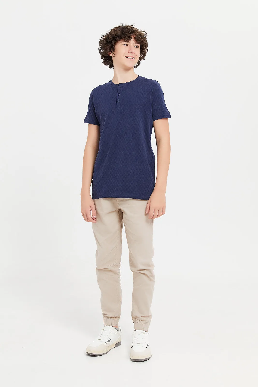 Senior Boys Navy Jacquard Henley Tee