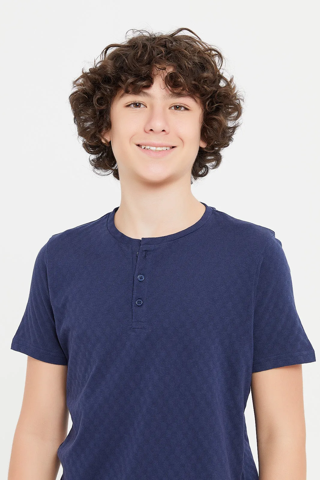 Senior Boys Navy Jacquard Henley Tee