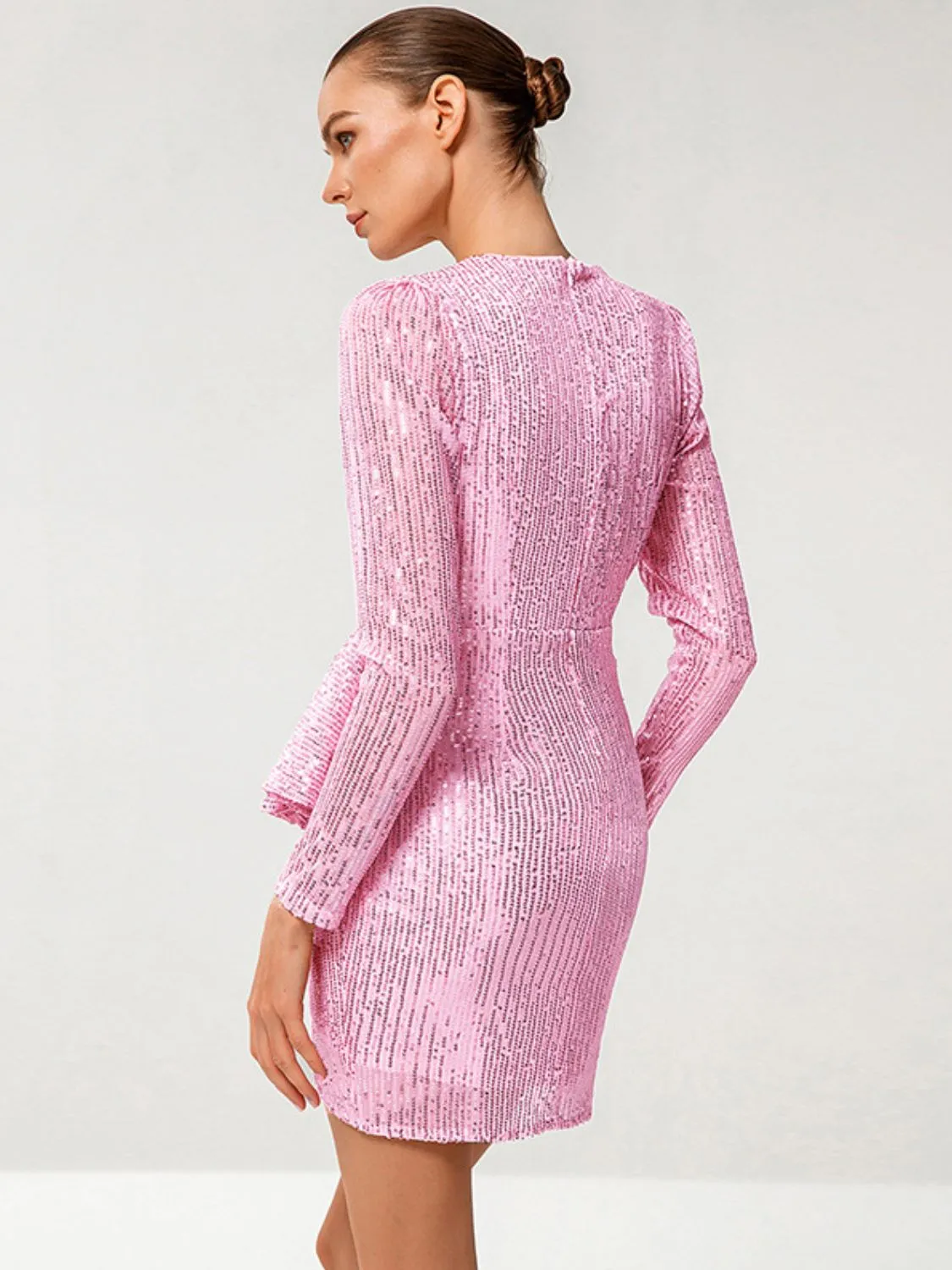 Sequined Puff Sleeve Ruffled Mini Wrap Dress