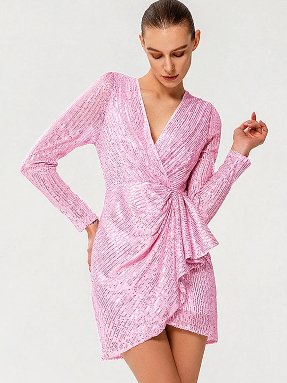 Sequined Puff Sleeve Ruffled Mini Wrap Dress