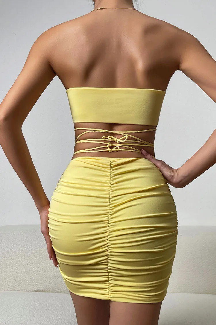 Sexy Keyhole Tube Top Wrap V Cut High Waist Two Piece Club Mini Dress - Yellow