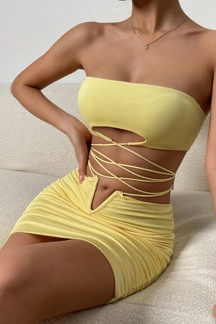 Sexy Keyhole Tube Top Wrap V Cut High Waist Two Piece Club Mini Dress - Yellow