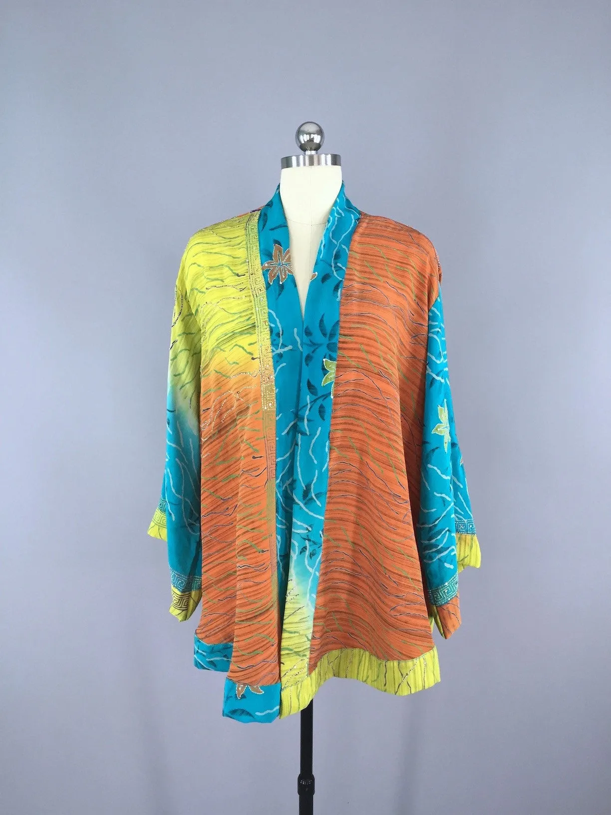 Silk Kimono Cardigan / Vintage Indian Sari / Brown & Turquoise Embroidered