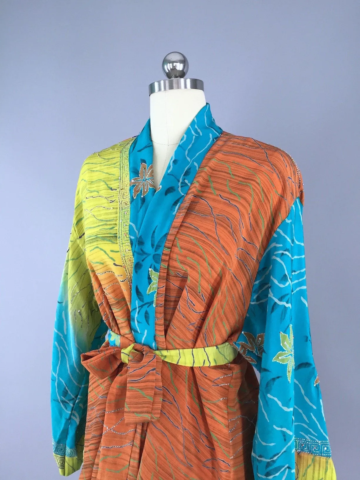 Silk Kimono Cardigan / Vintage Indian Sari / Brown & Turquoise Embroidered