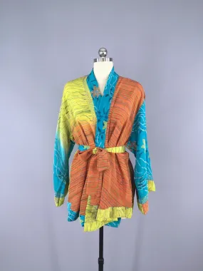 Silk Kimono Cardigan / Vintage Indian Sari / Brown & Turquoise Embroidered