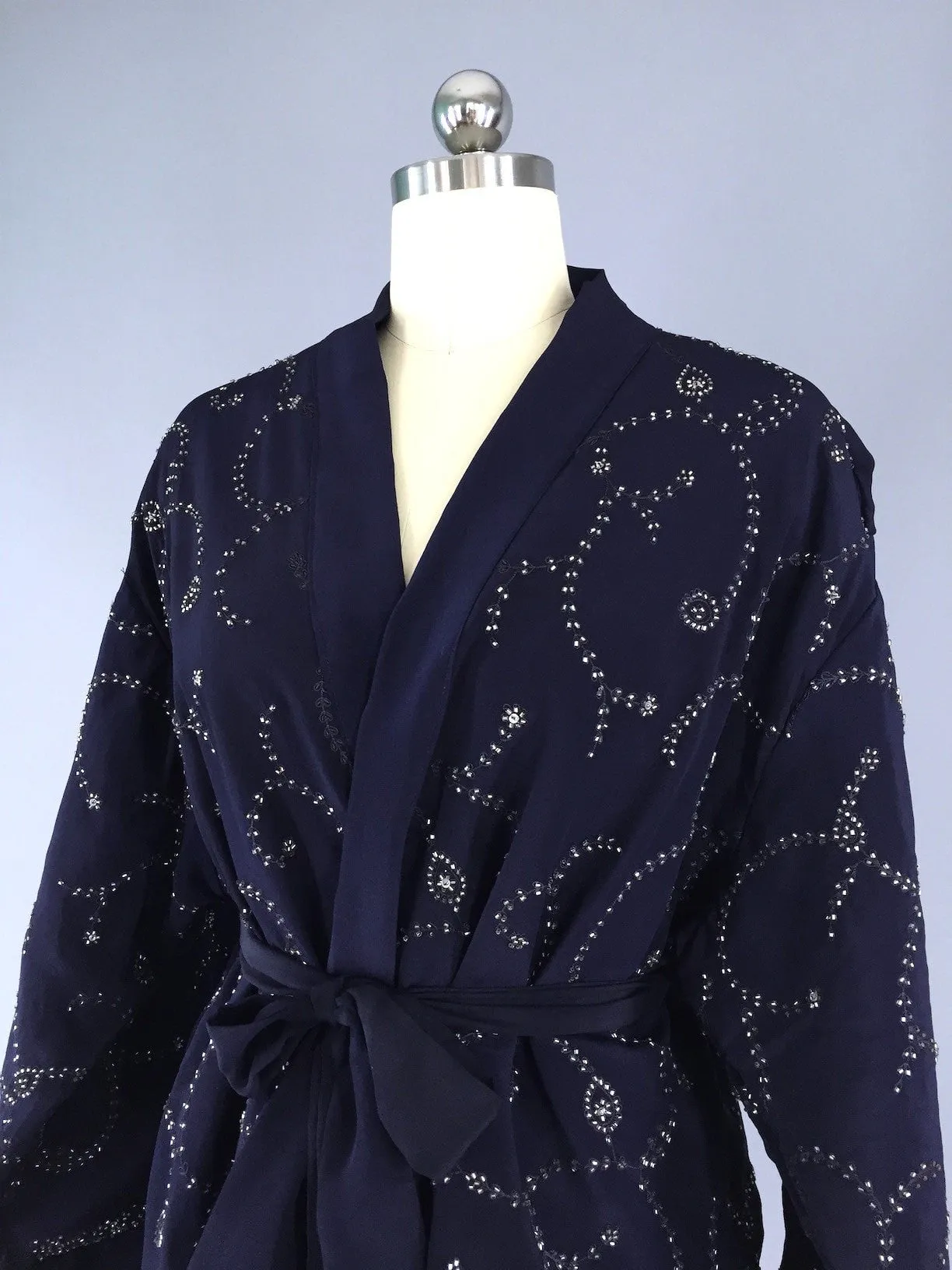 Silk Kimono Cardigan / Vintage Indian Sari / Navy Blue & Silver Beaded