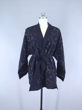 Silk Kimono Cardigan / Vintage Indian Sari / Navy Blue & Silver Beaded