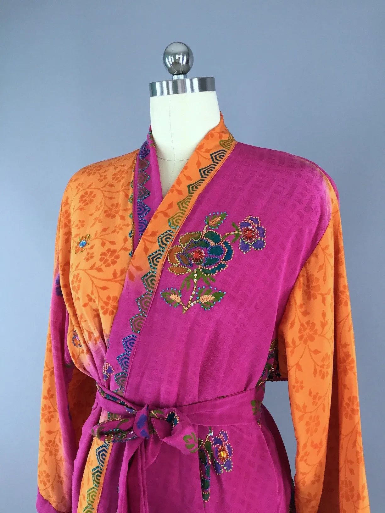 Silk Kimono Cardigan / Vintage Indian Sari / Pink Orange Rhinestones