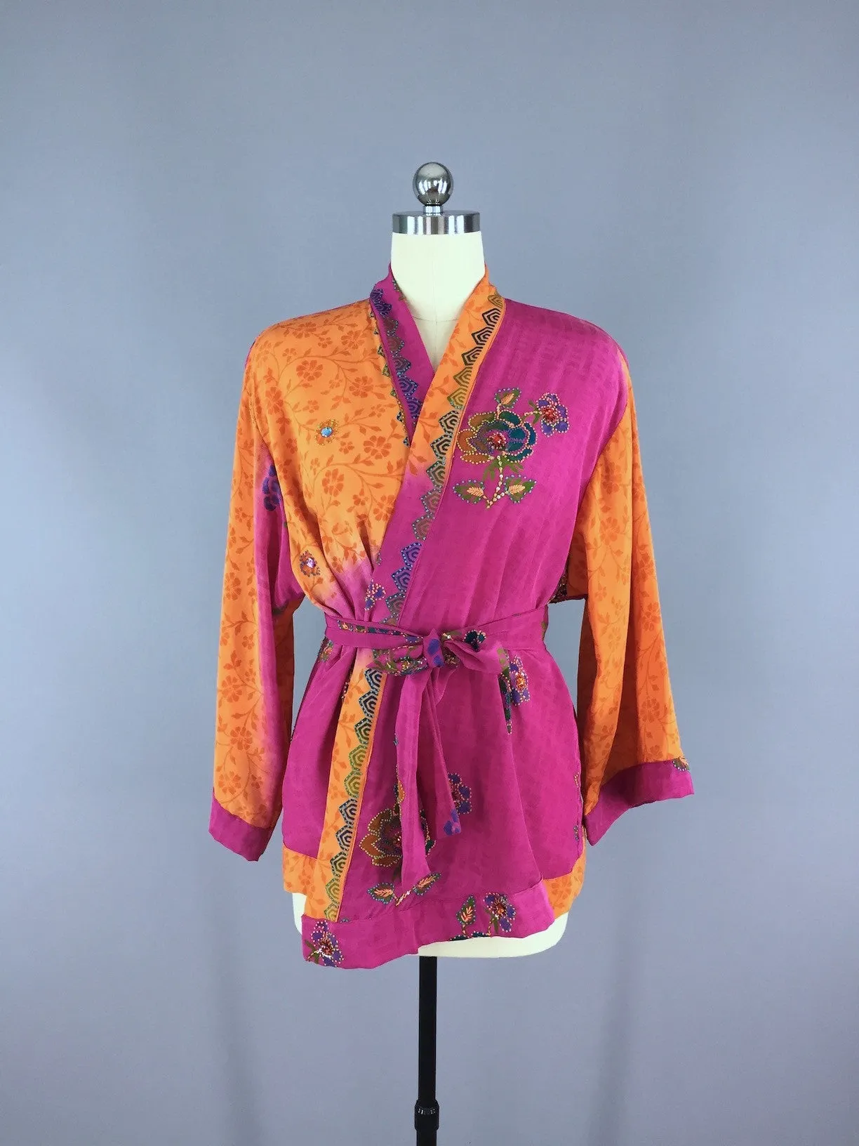 Silk Kimono Cardigan / Vintage Indian Sari / Pink Orange Rhinestones