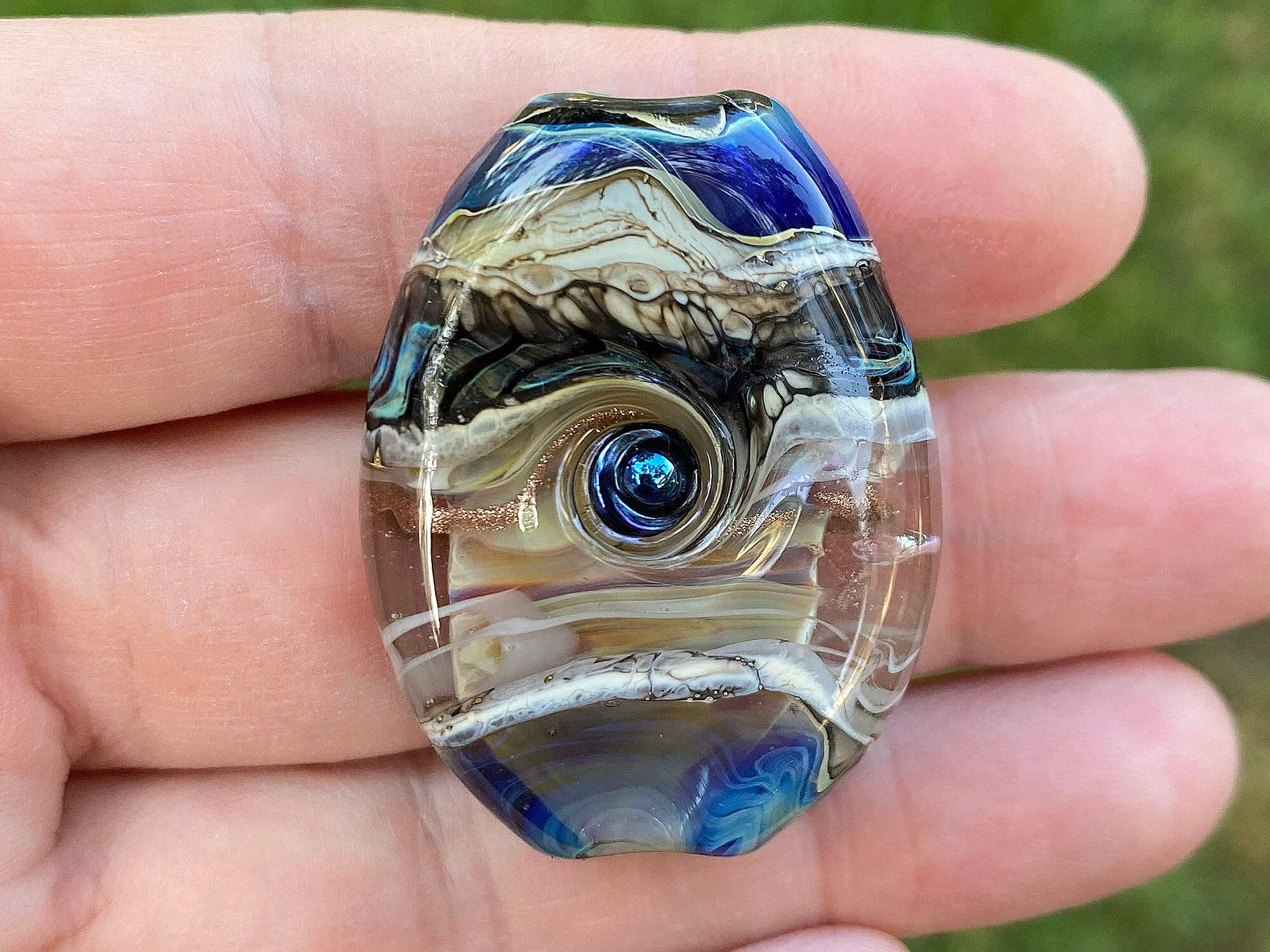 Silver Blue Ivory Organic Lampwork Focal Bead SRA