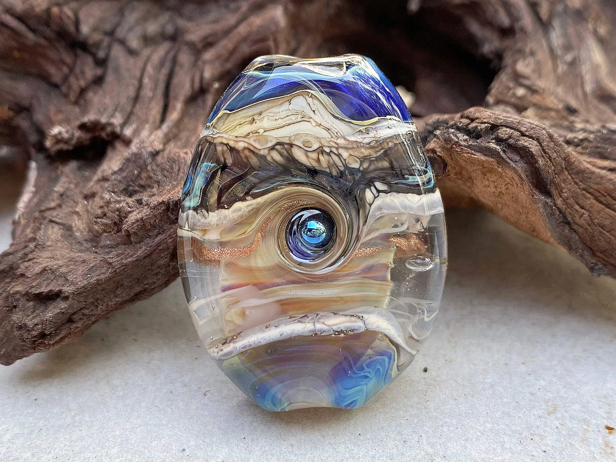 Silver Blue Ivory Organic Lampwork Focal Bead SRA