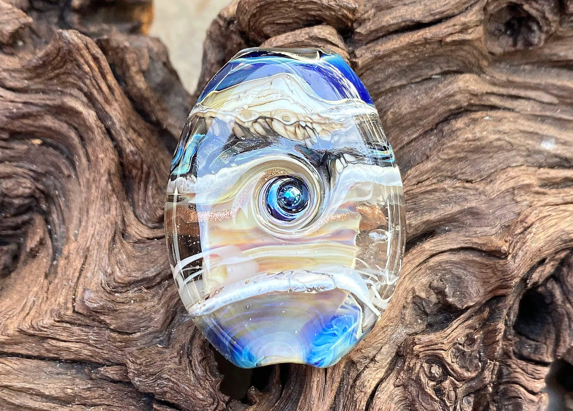 Silver Blue Ivory Organic Lampwork Focal Bead SRA